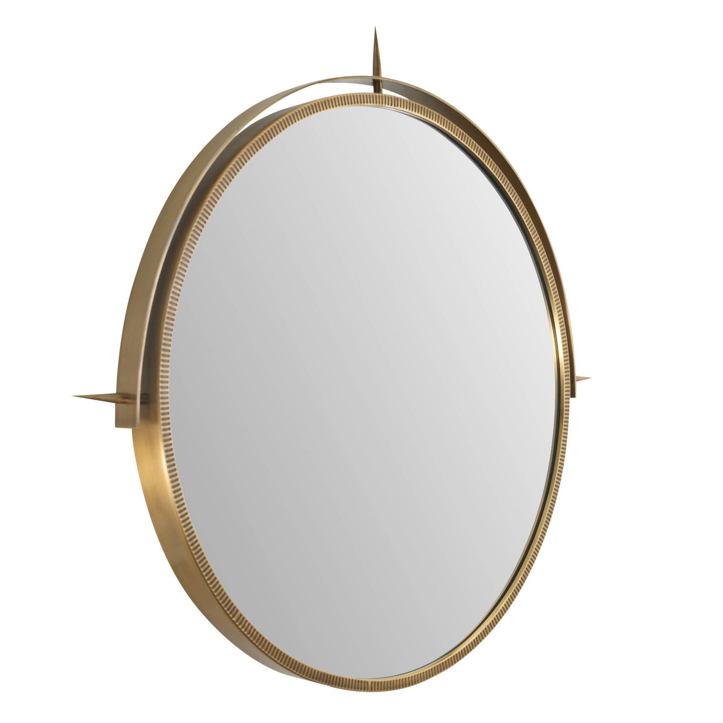 Round mirror with a gold frame on a white background