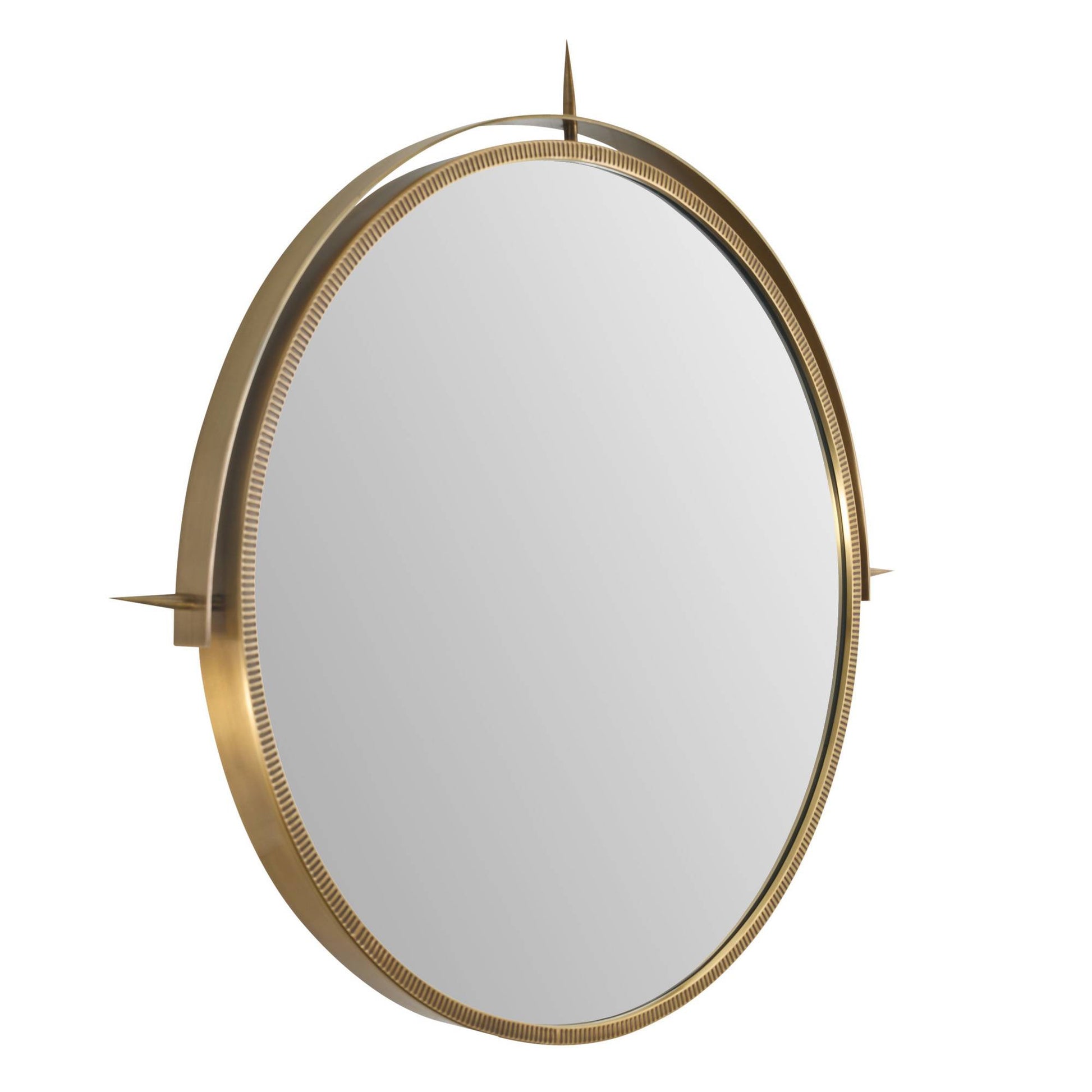 Round mirror with a gold frame on a white background