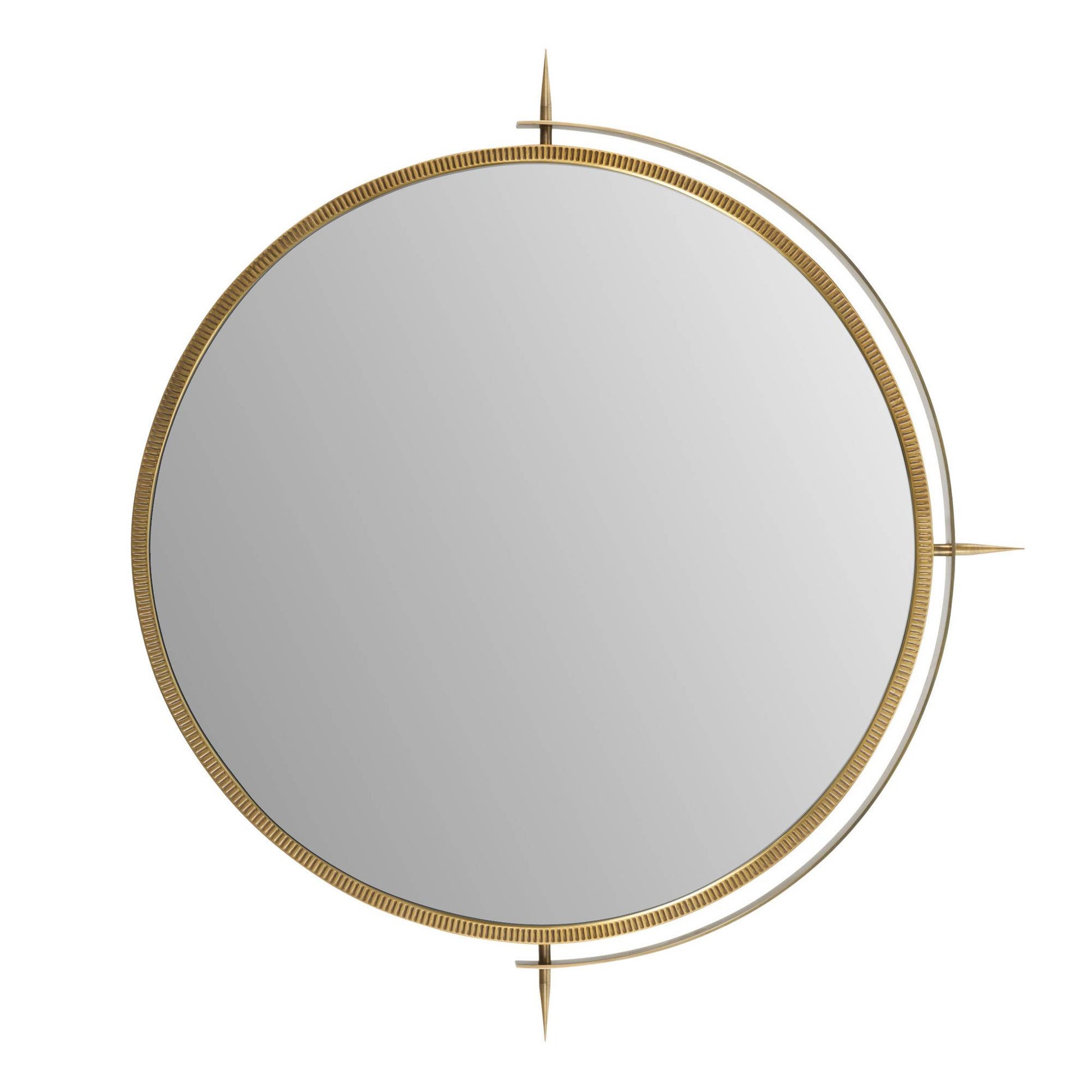 Round mirror with gold frame on a white background