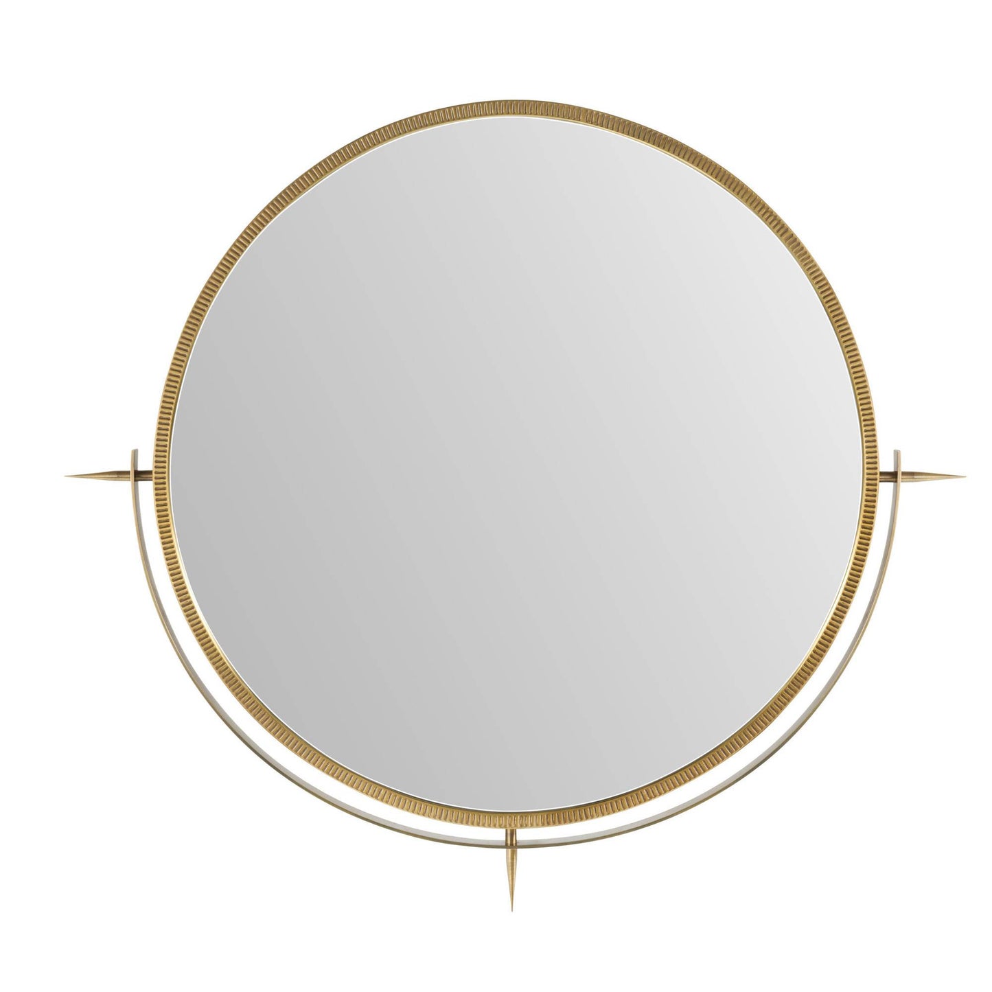 Round mirror with gold frame on a white background