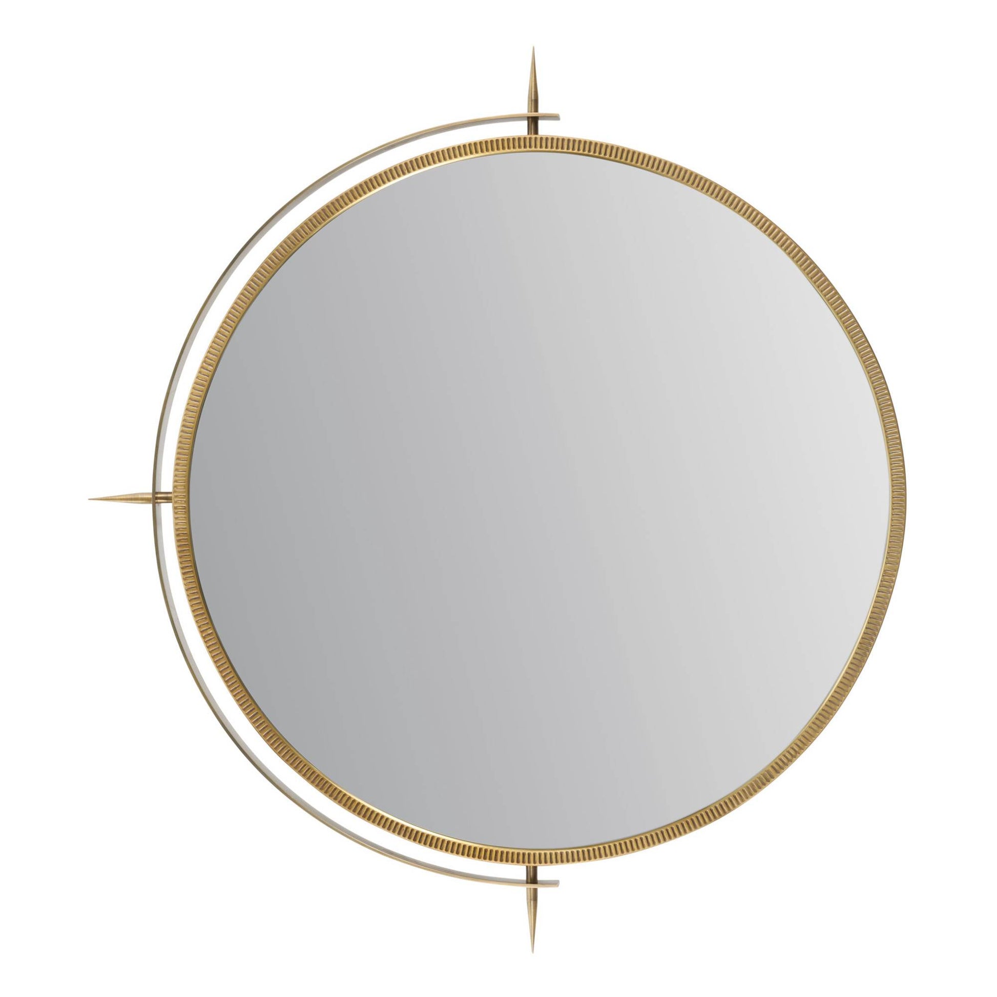 Round mirror with gold frame on a white background
