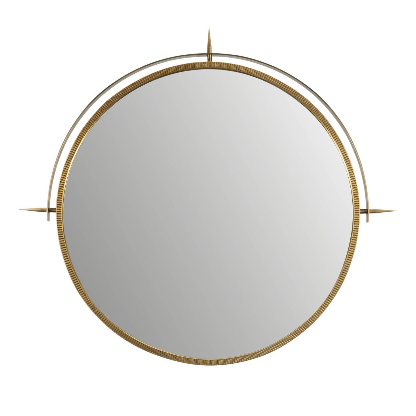Round mirror with gold frame on a white background