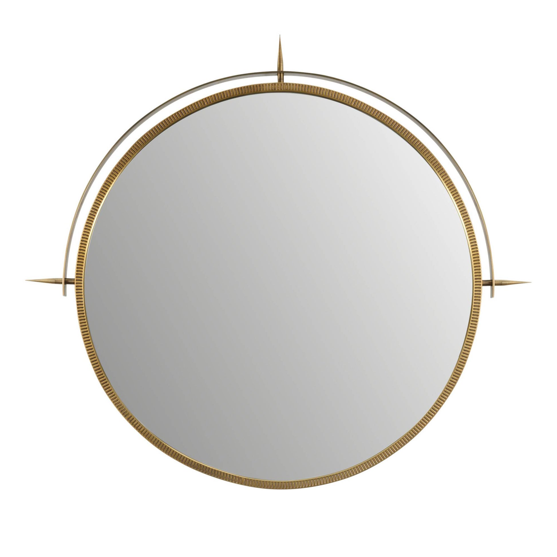 Round mirror with gold frame on a white background