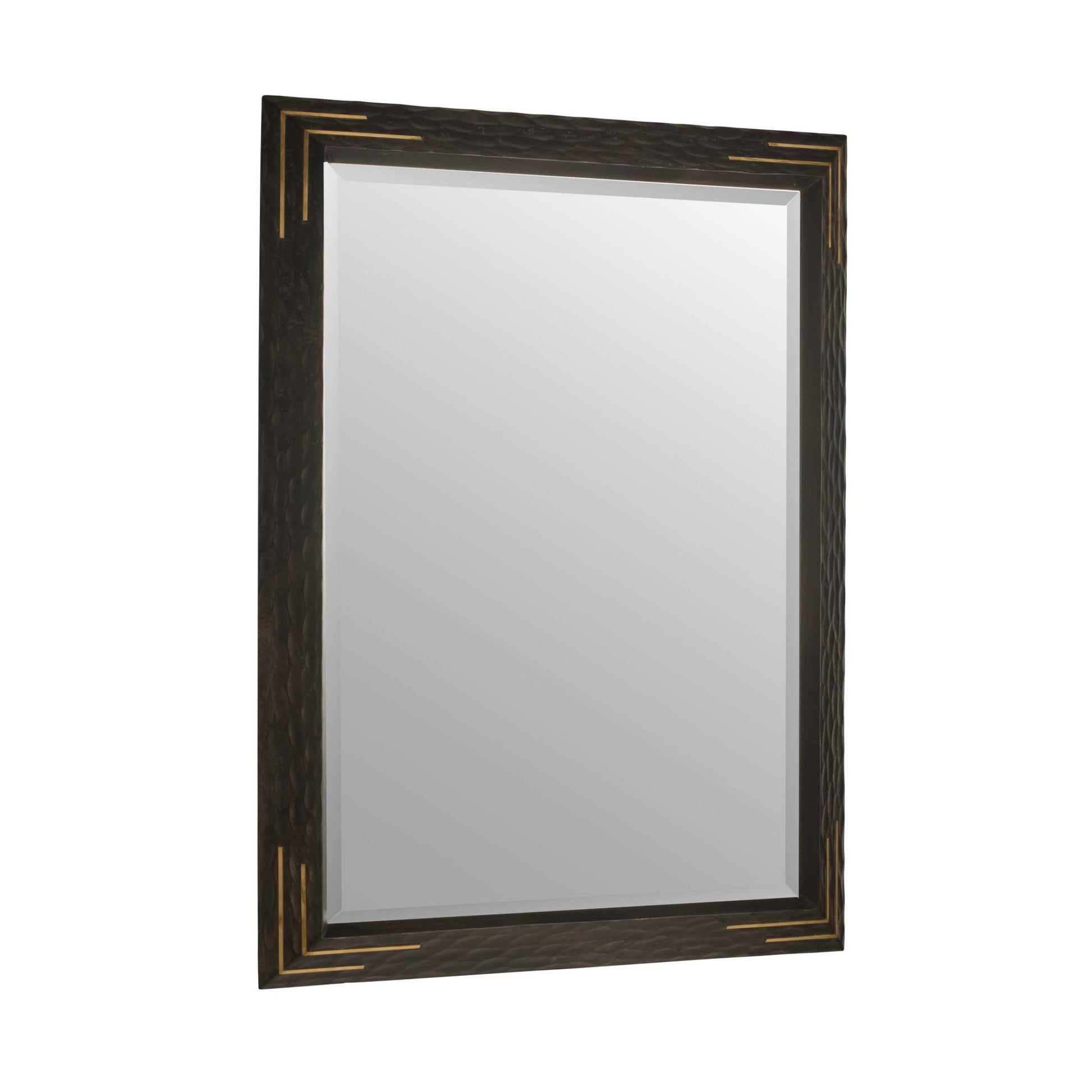 Rectangular mirror with a dark wood frame on a white background