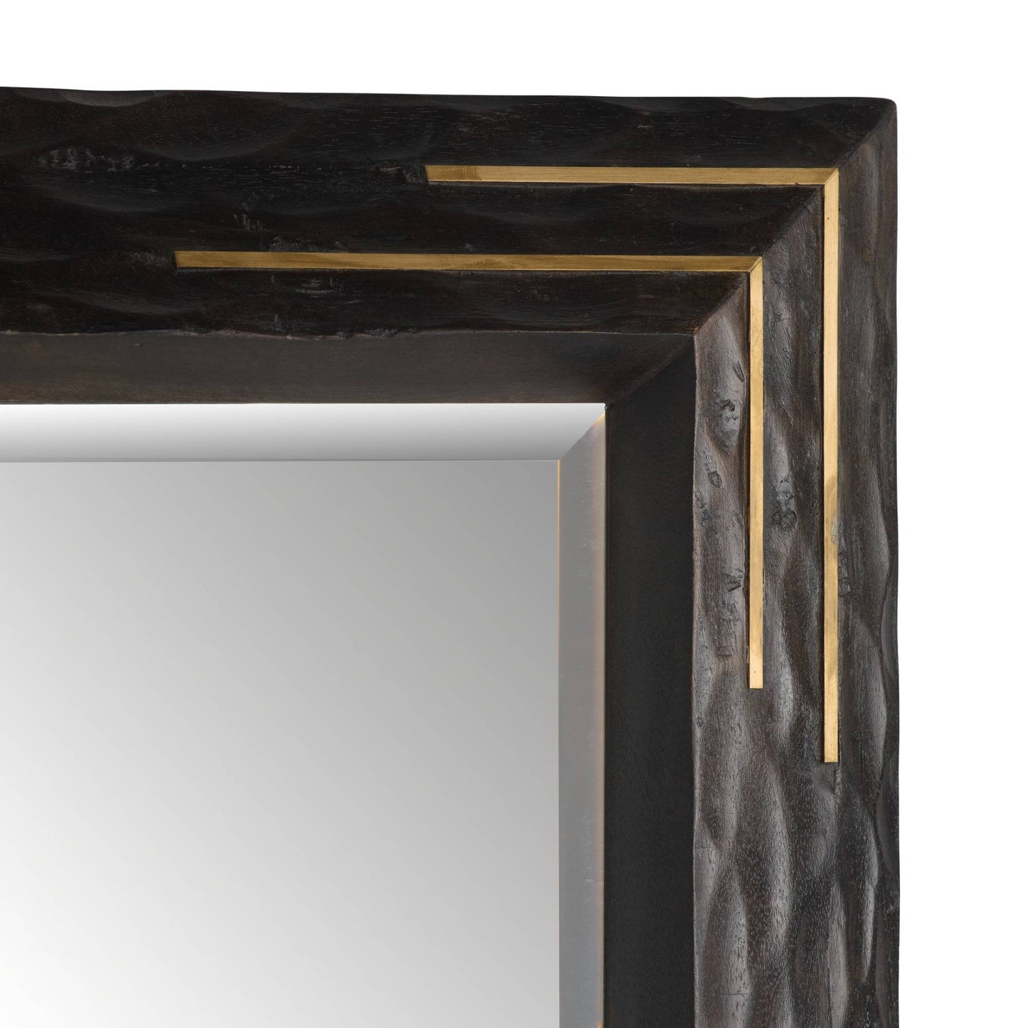 Mirror with a black frame featuring gold accents on a white background