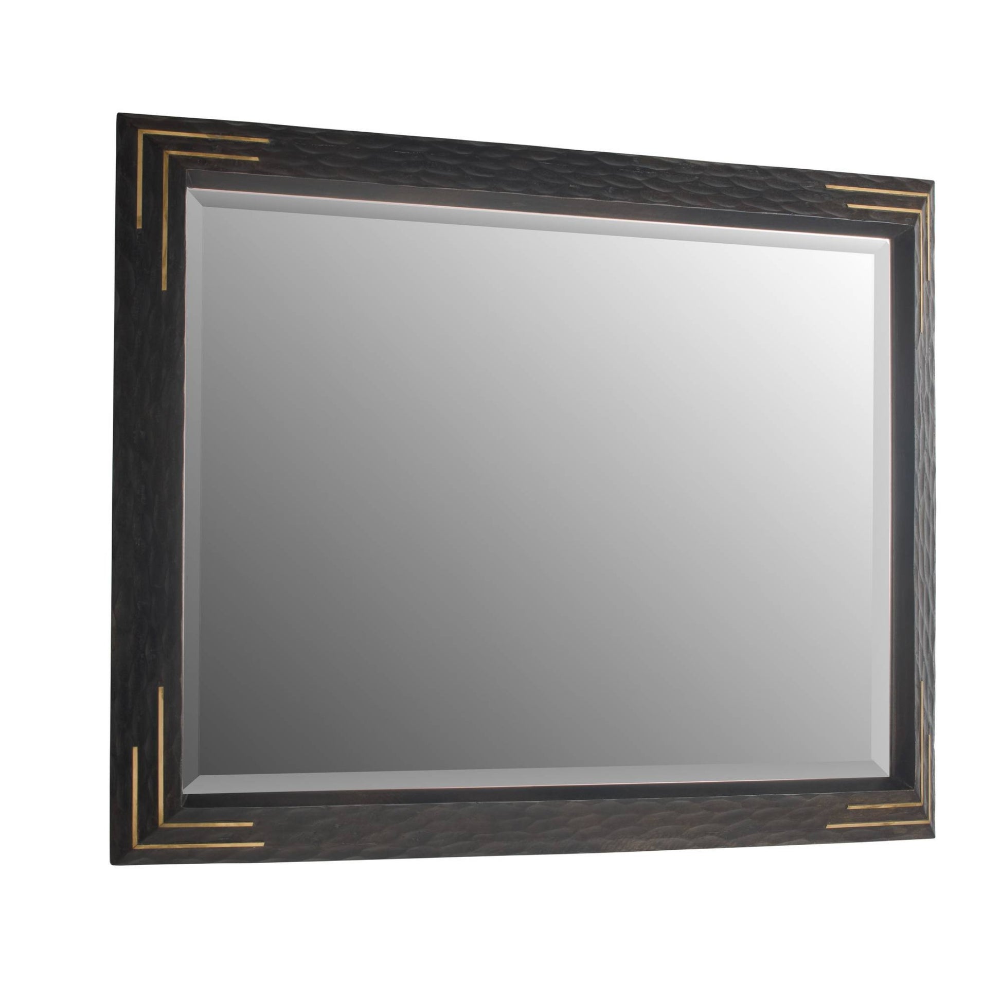 Rectangular mirror with a decorative black frame on a white background