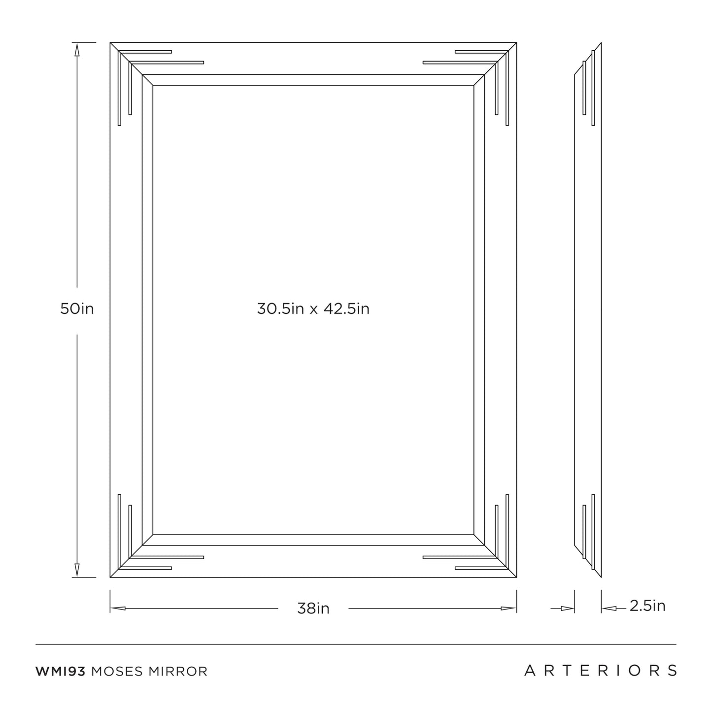 Dimensions of a mirror frame with Arteriors branding
