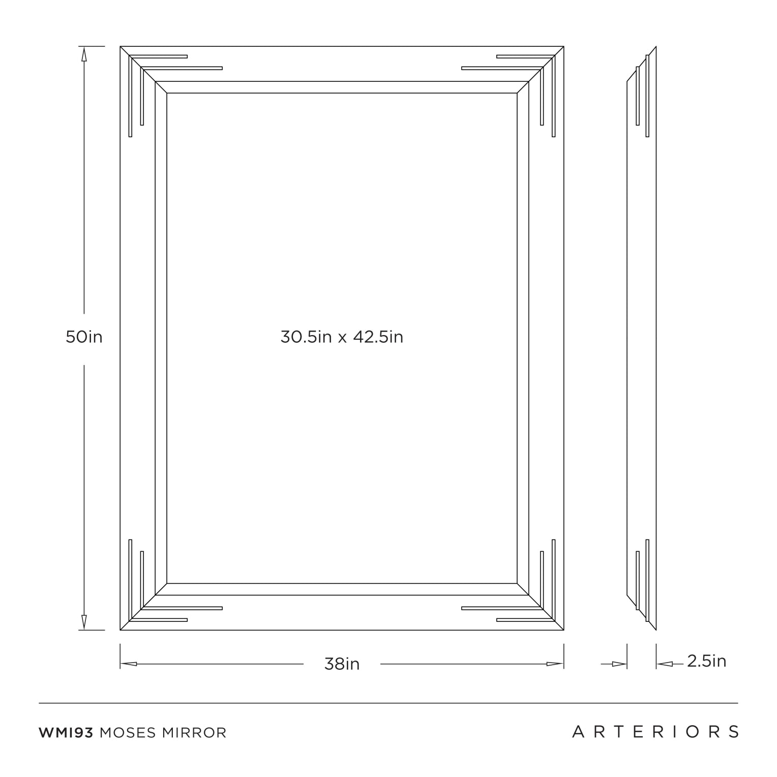Dimensions of a mirror frame with Arteriors branding