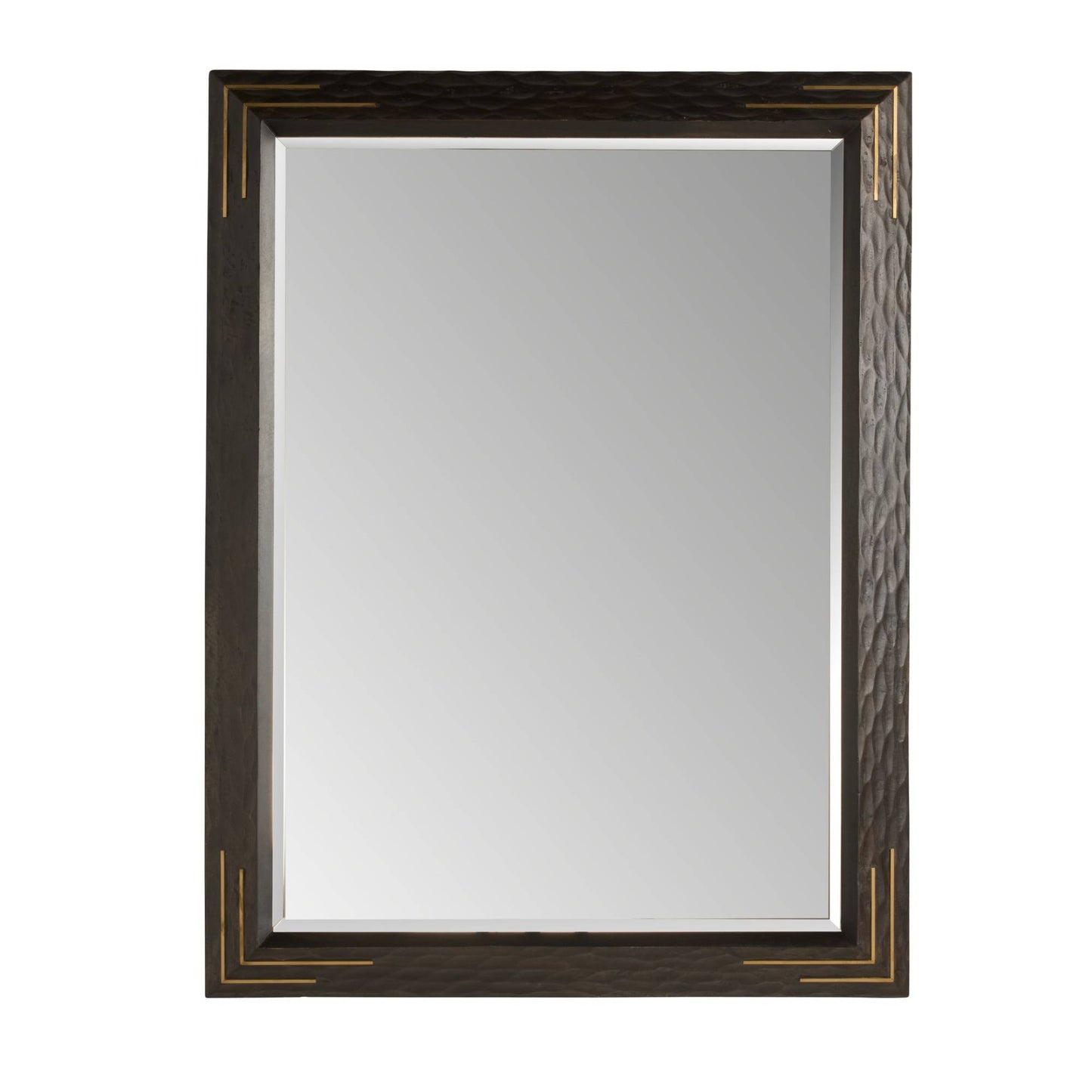 Rectangular mirror with a decorative brown frame on a white background