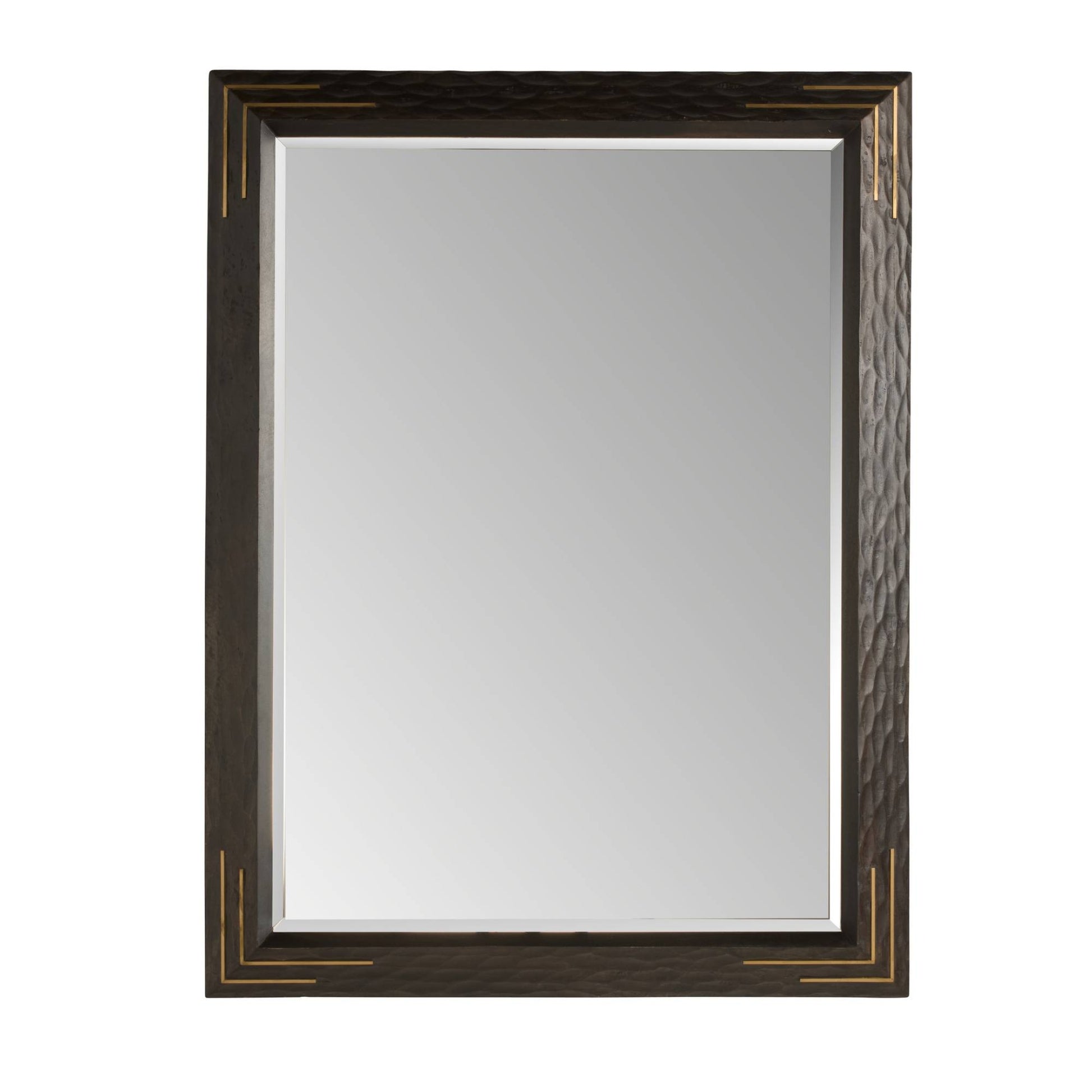 Rectangular mirror with a decorative brown frame on a white background