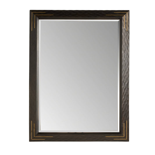 Rectangular mirror with a decorative brown frame on a white background