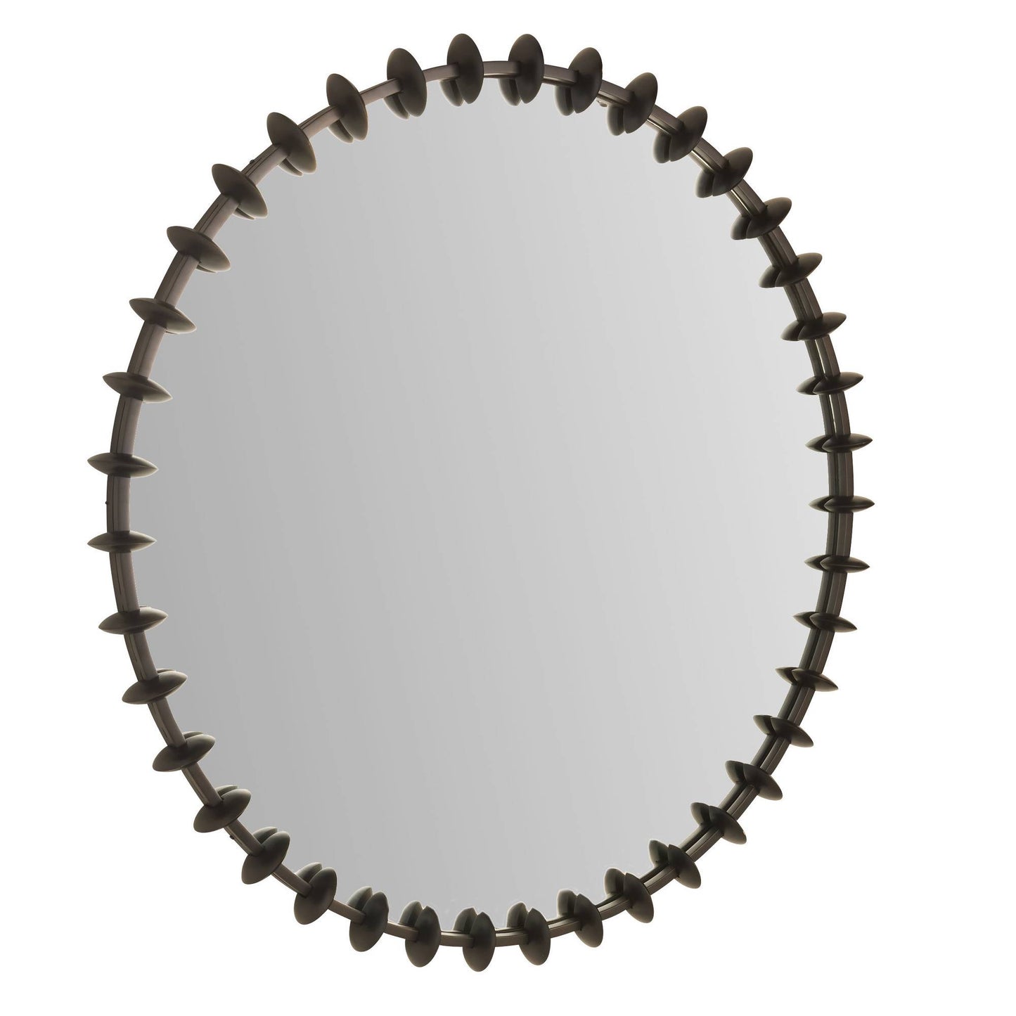 Round mirror with decorative black frame on a white background