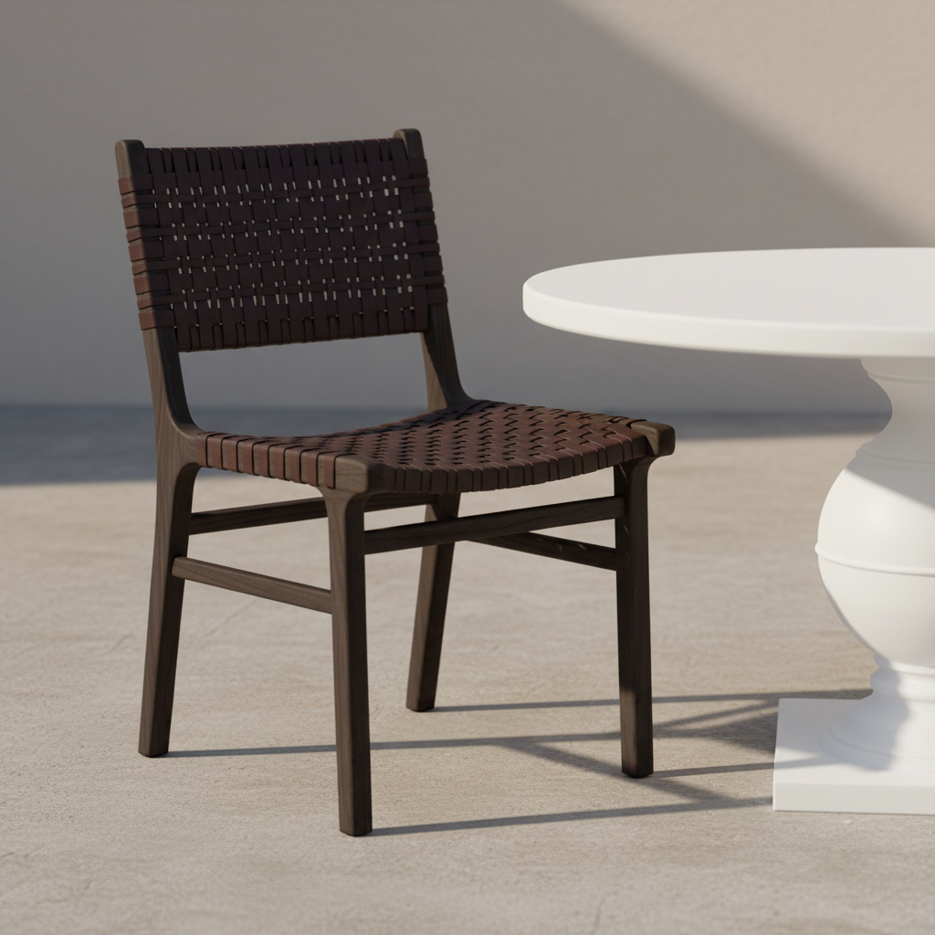 Brown wicker chair next to a white round table on a light wooden floor.
