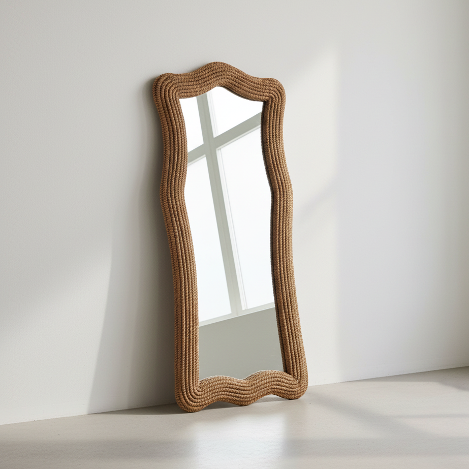 Decorative mirror with wavy brown frame on a white wall