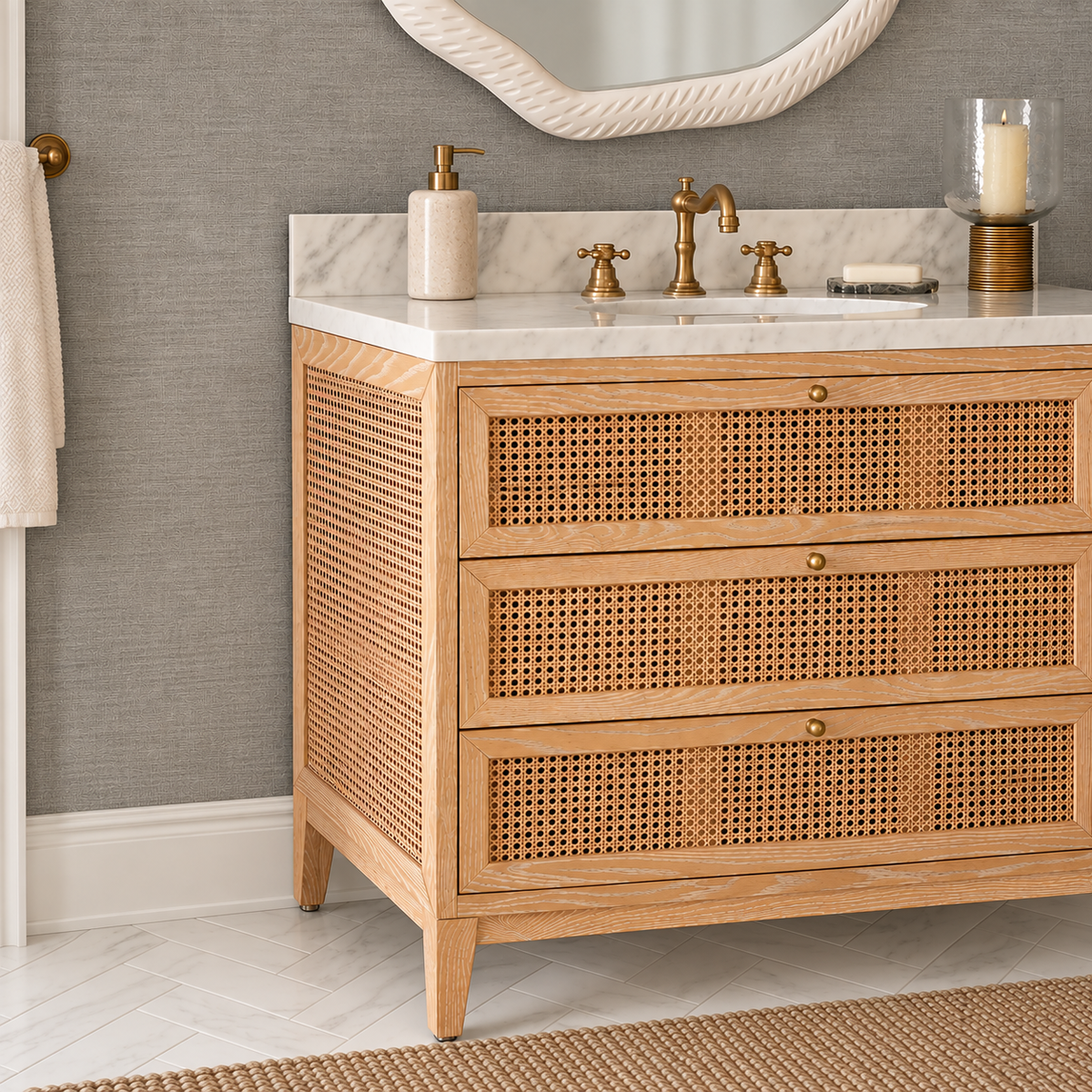 A bathroom vanity cabinet with three drawers featuring woven cane panels, a white marble countertop, a white sink, and a brass faucet. 