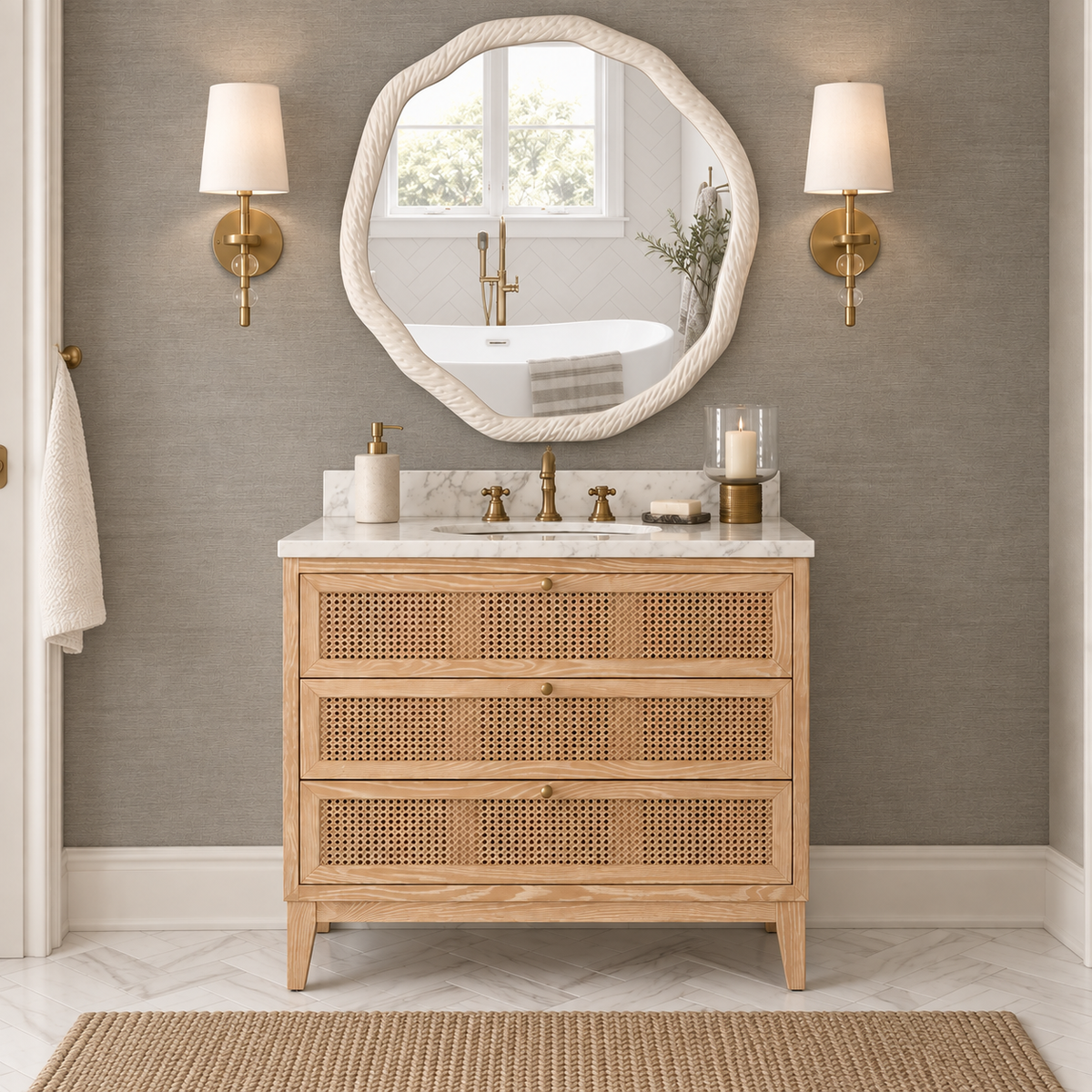 A bathroom vanity cabinet with three drawers featuring woven cane panels, a white marble countertop, a white sink, and a brass faucet. It is styled in a bathroom with a gray textured wall, an oval mirror, two brass sconces, and a woven rug.