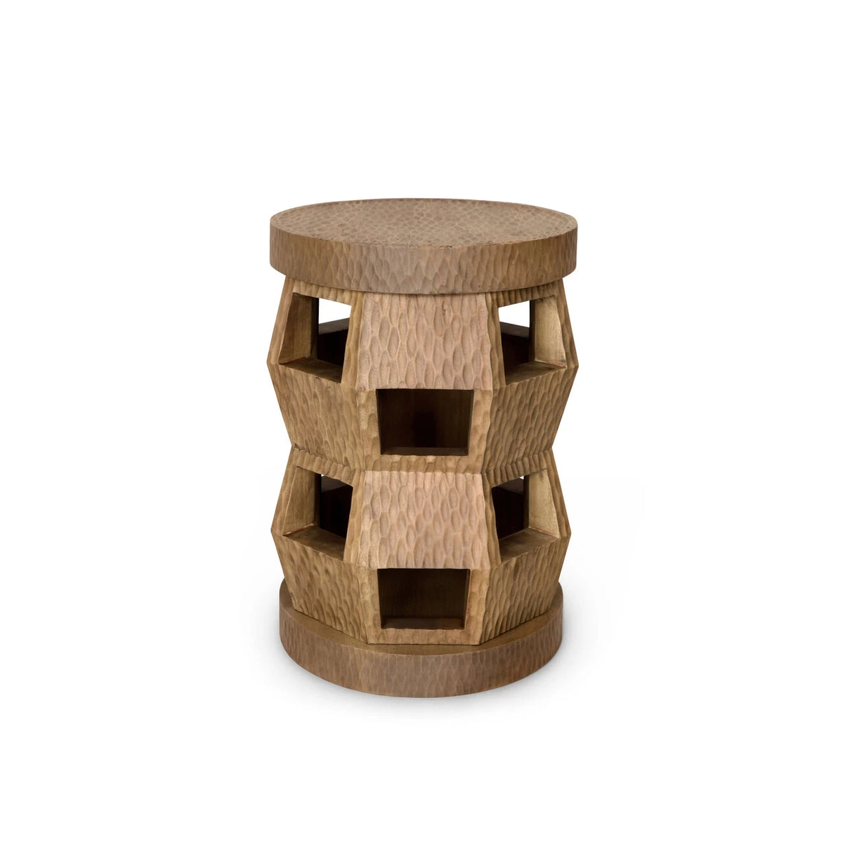 A modern geometric wooden stool with a hexagonal open-frame design and a round seat and base, shown on a plain white background.