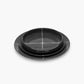 Black plastic tray with compartments on a white background