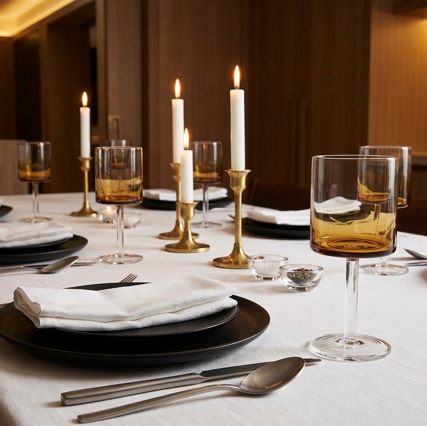 A styled dining table setting with white tablecloths, black plates, folded white napkins, silver cutlery, amber-colored wine glasses, and multiple lit white taper candles in gold and bronze holders in a warm indoor environment.