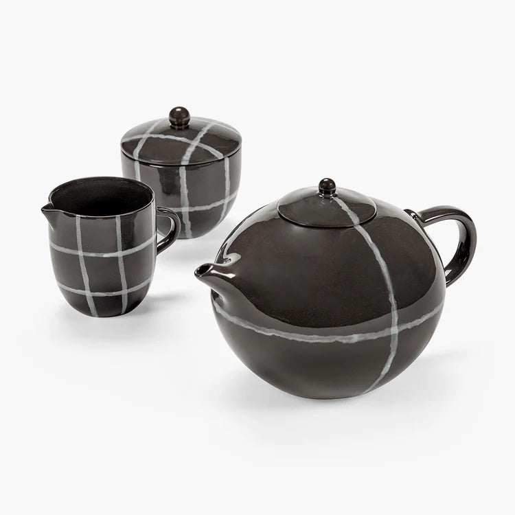 Black ceramic tea set with white lines on a white background