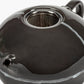 Close-up of a black ceramic teapot with metal mesh lid on a white background