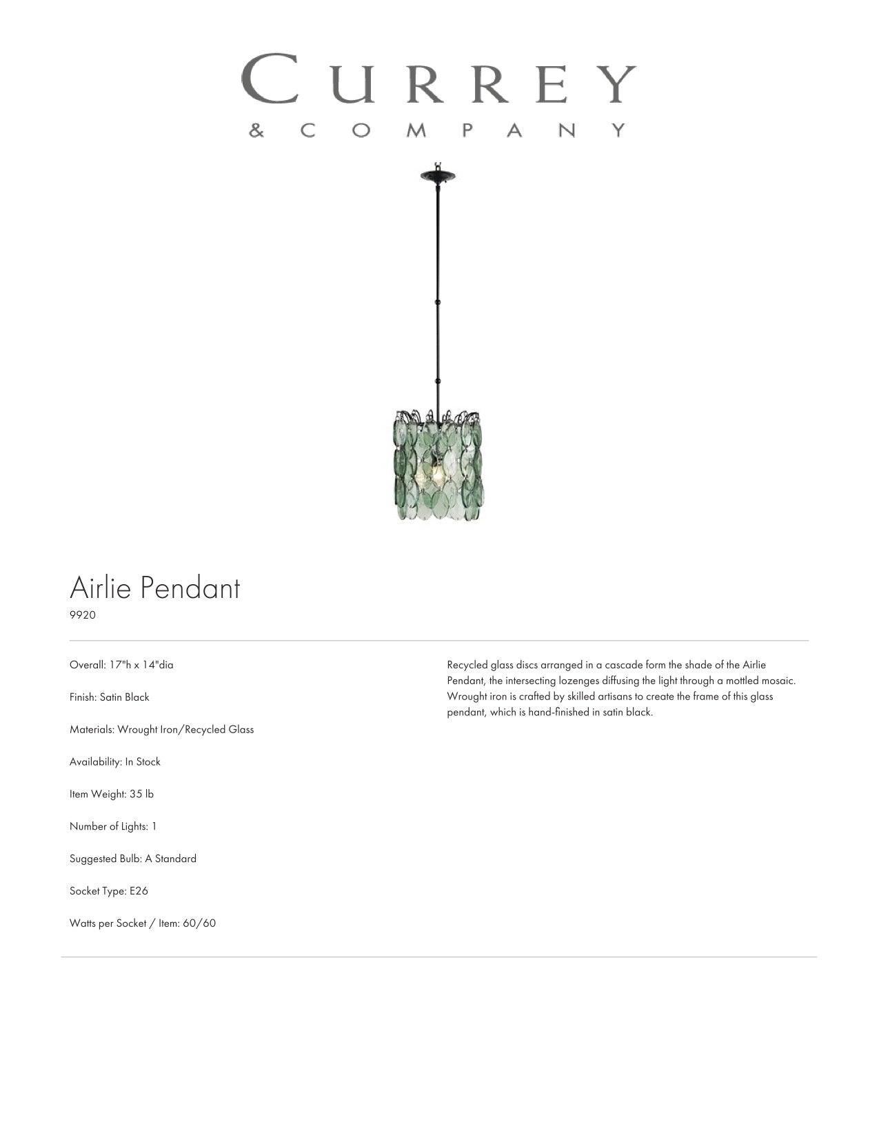 Currey & Company Airlie Pendant Tearsheet