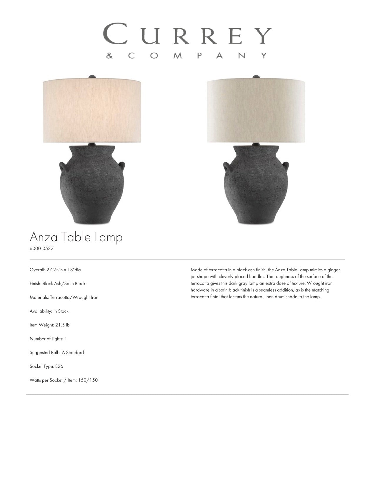 Currey & Company Anza Table Lamp Tearsheet