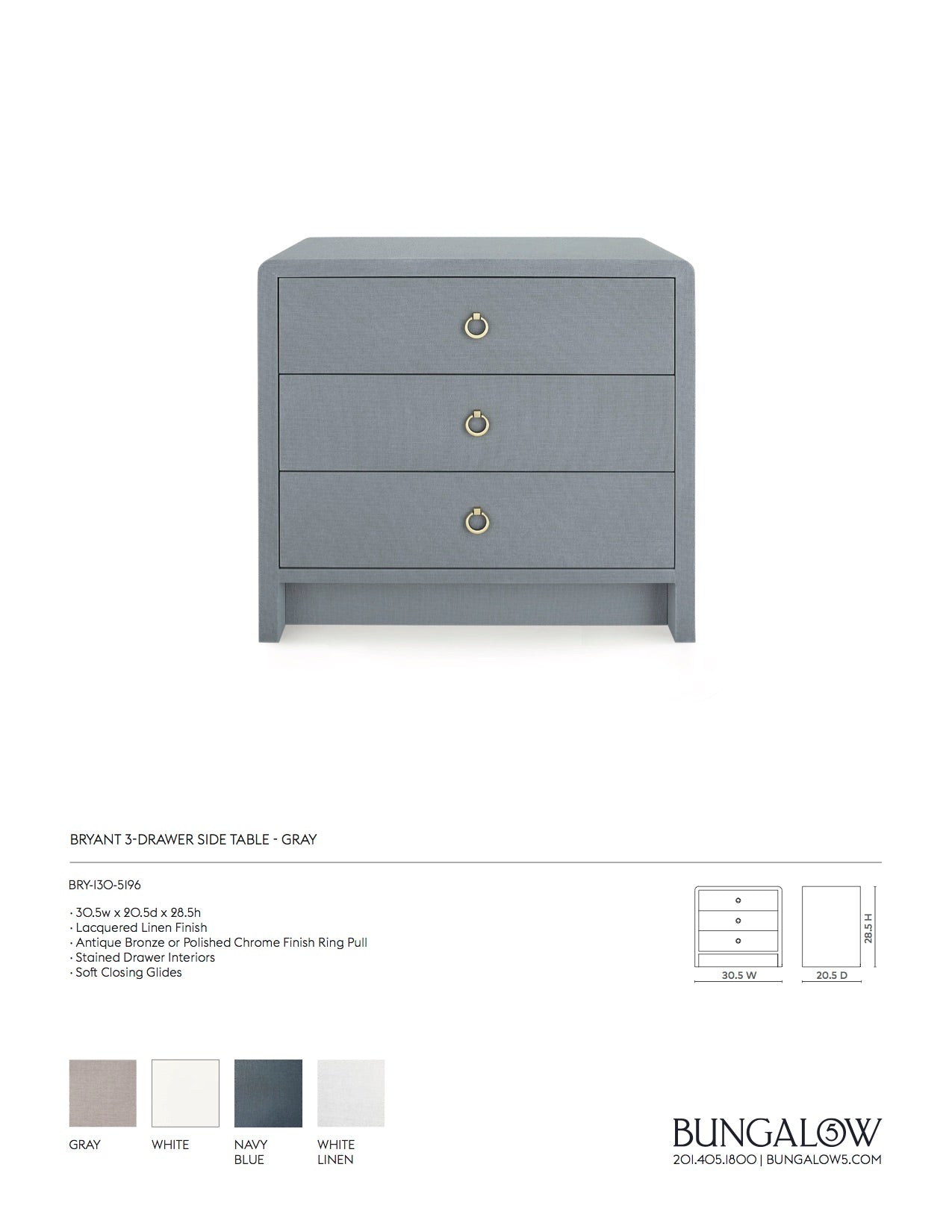 Bungalow 5 Bryant Linen 3 Drawer Side Table Gray Tearsheet