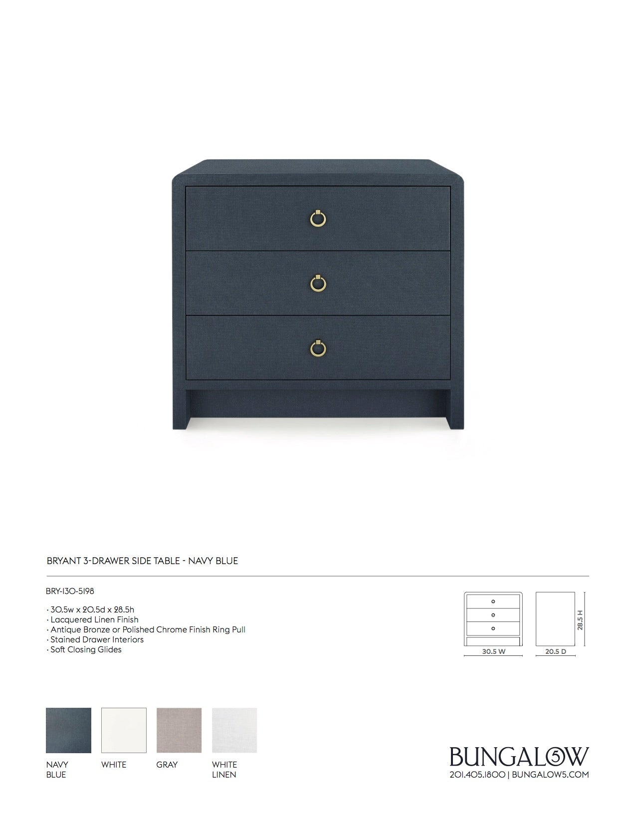 Bungalow 5 Bryant Linen 3 Drawer Side Table Navy Blue Tearsheet