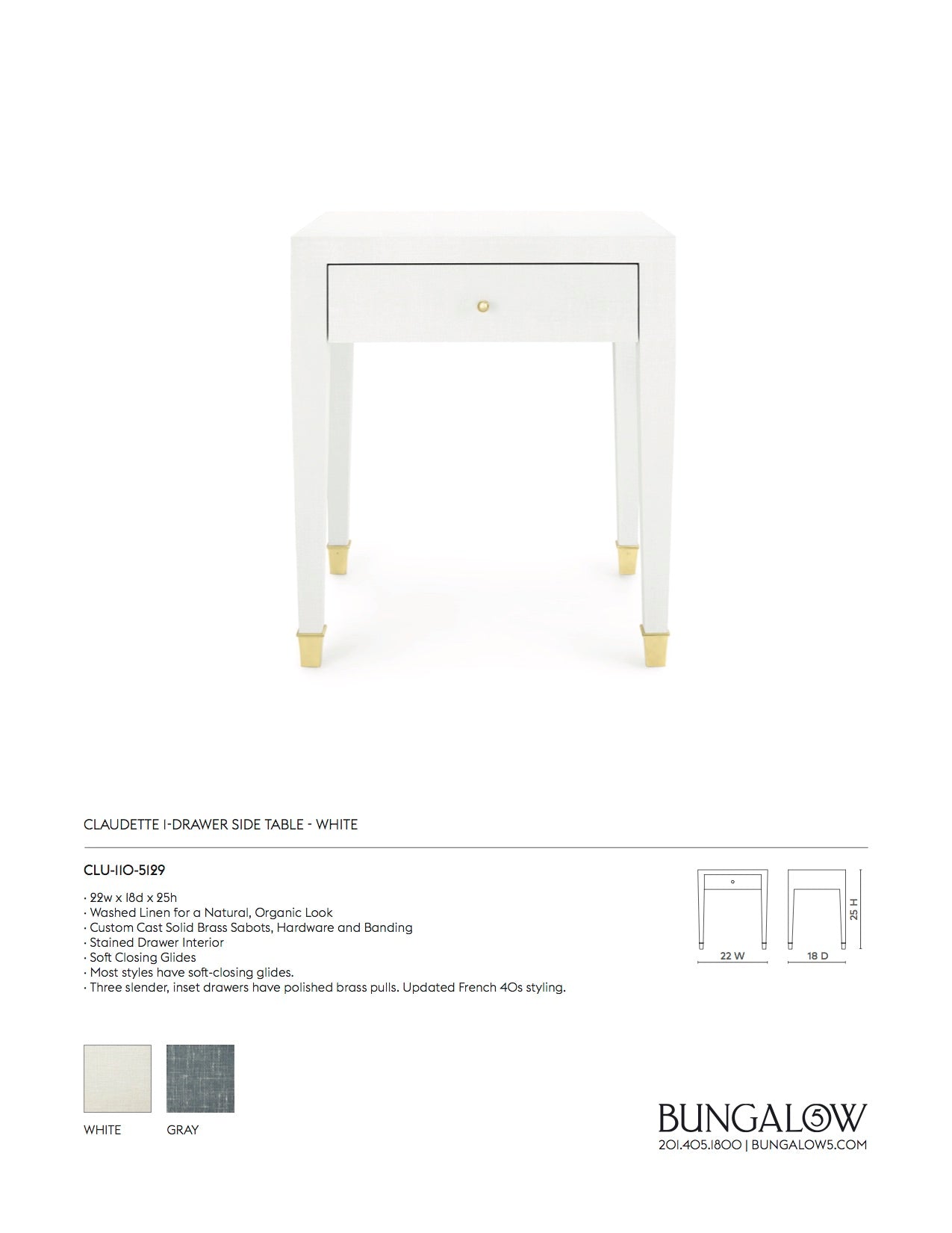 Bungalow 5 Claudette 1 Drawer Side Table White Tearsheet