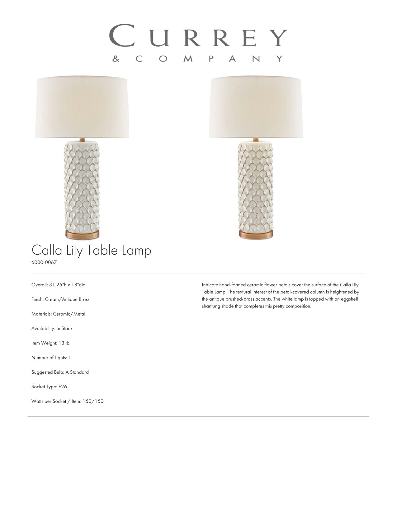 Currey & Company Calla Lily Table Lamp Tearsheet