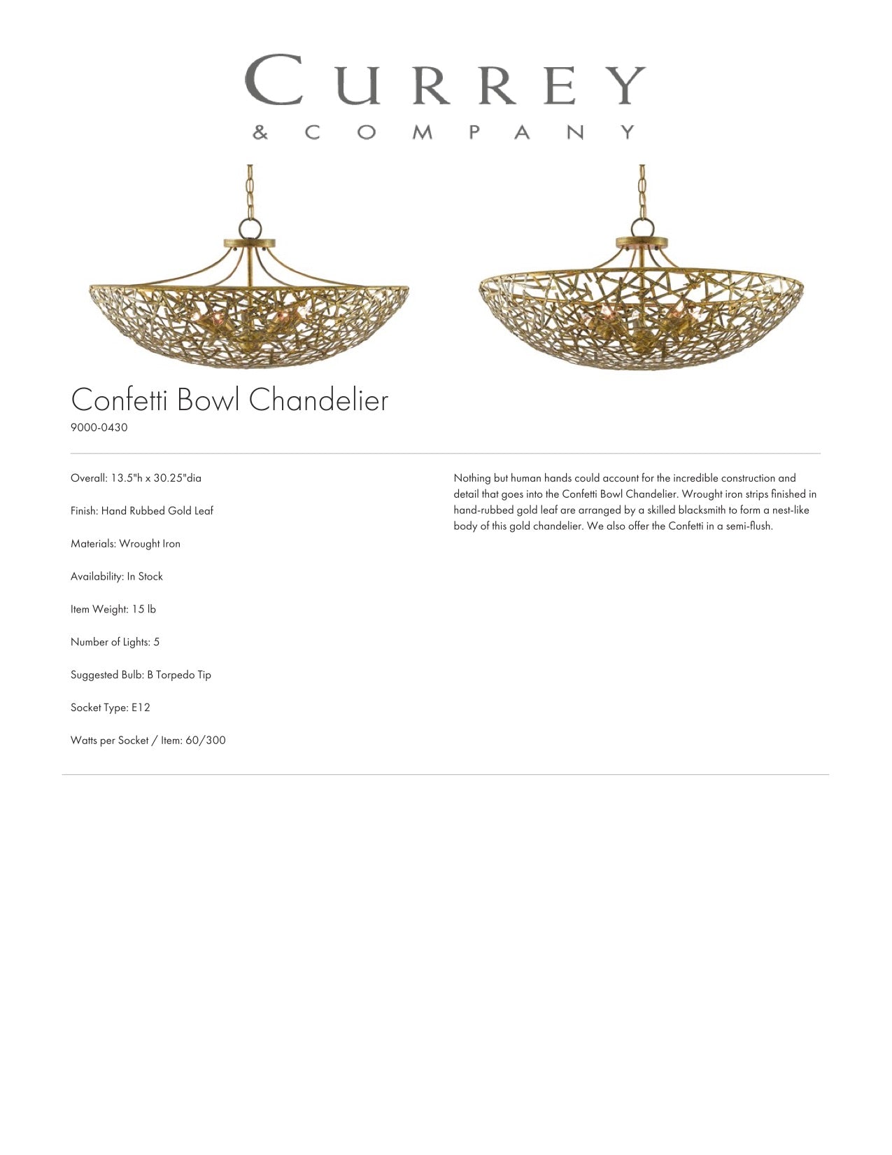 Currey & Company Confetti Bowl Chandelier Tearsheet