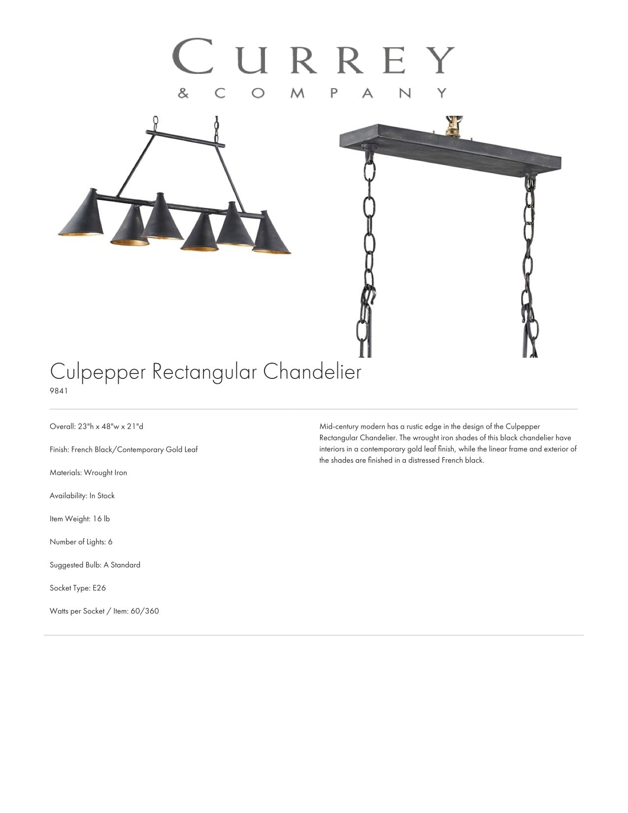 Currey & Company Culpepper Rectangular Chandelier Tearsheet
