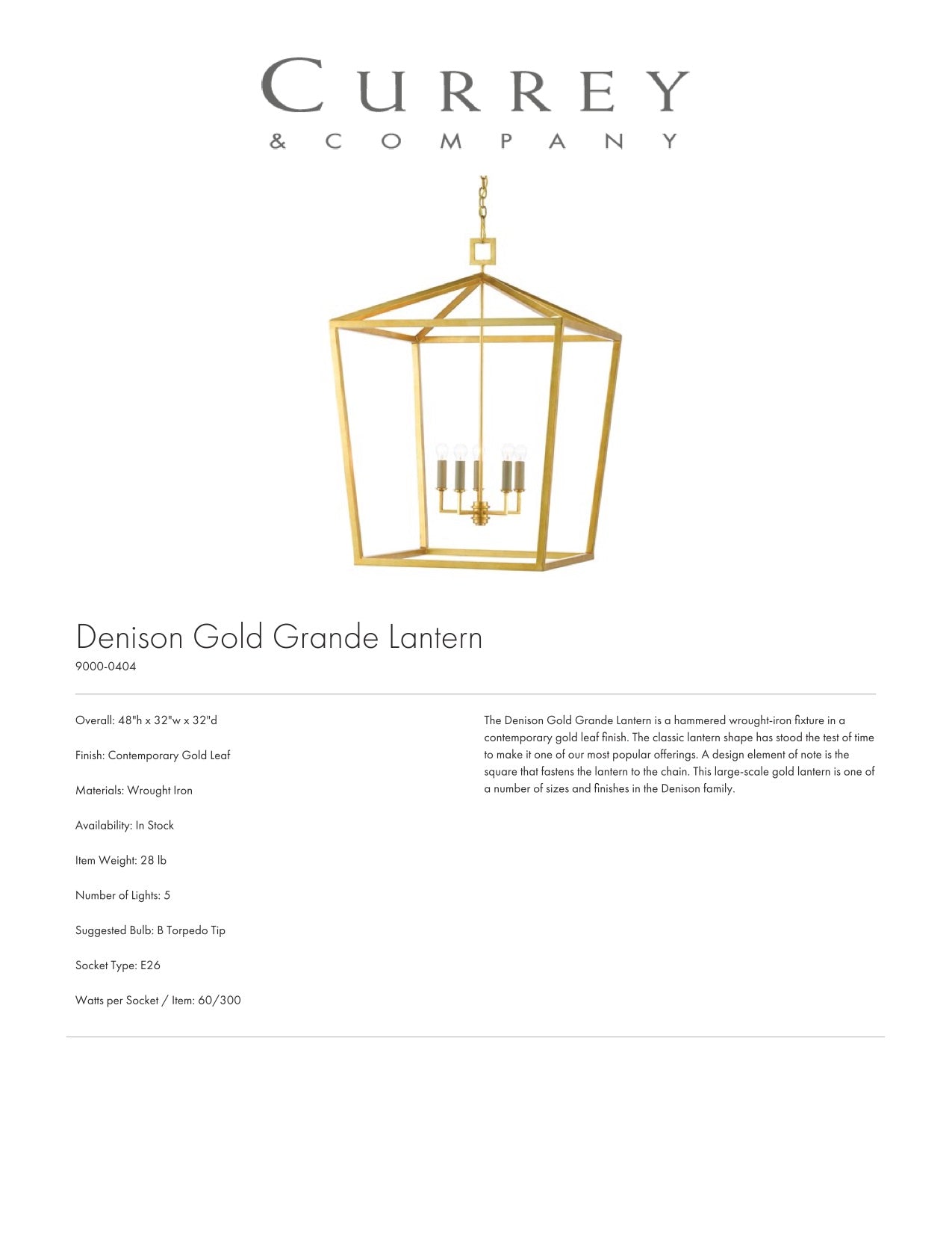 Currey & Company Gold Grande Lantern Tearsheet