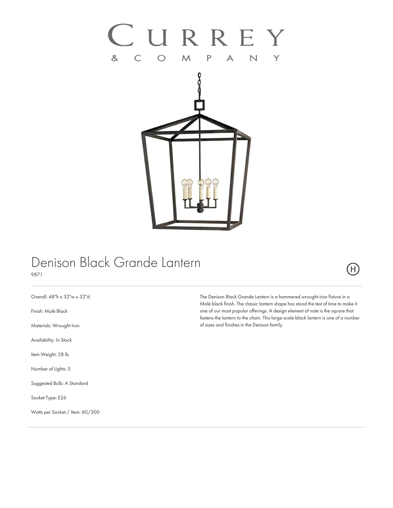 Currey & Company Denison Black Grande Lantern Tearsheet