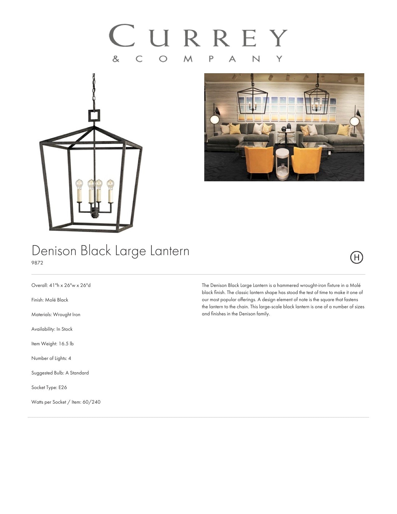 Currey & Company Denison Black Large Lantern Tearsheet
