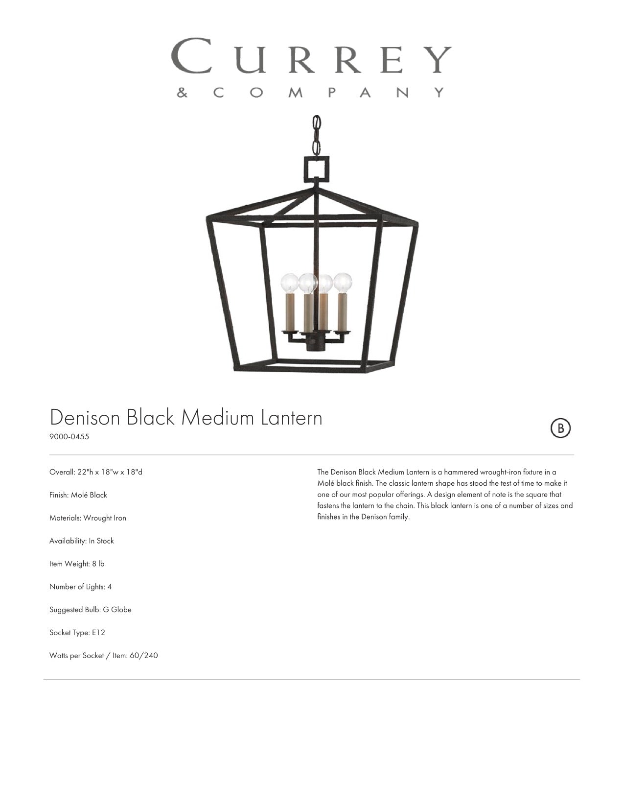 Currey & Company Denison Black Medium Lantern Tearsheet