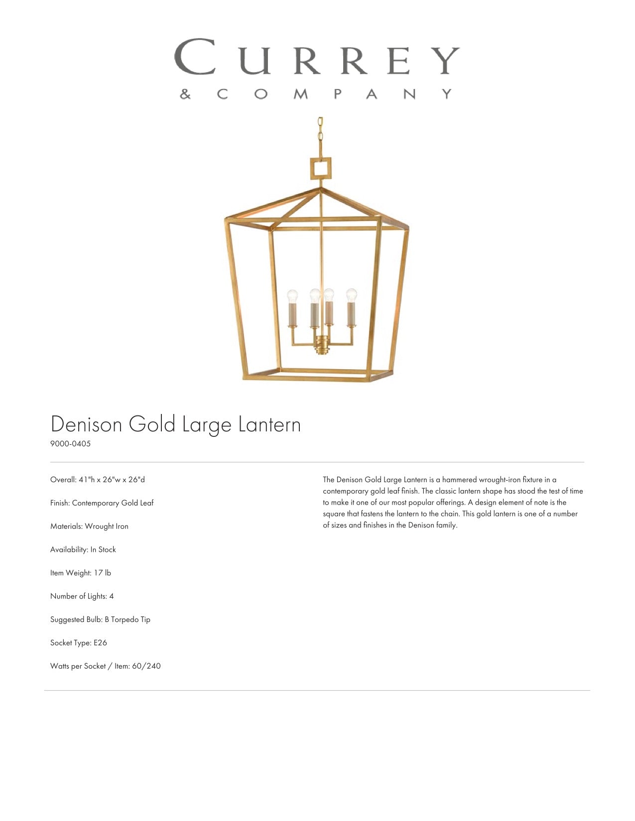 Currey & Company Denison Gold Large Lantern Tearsheet