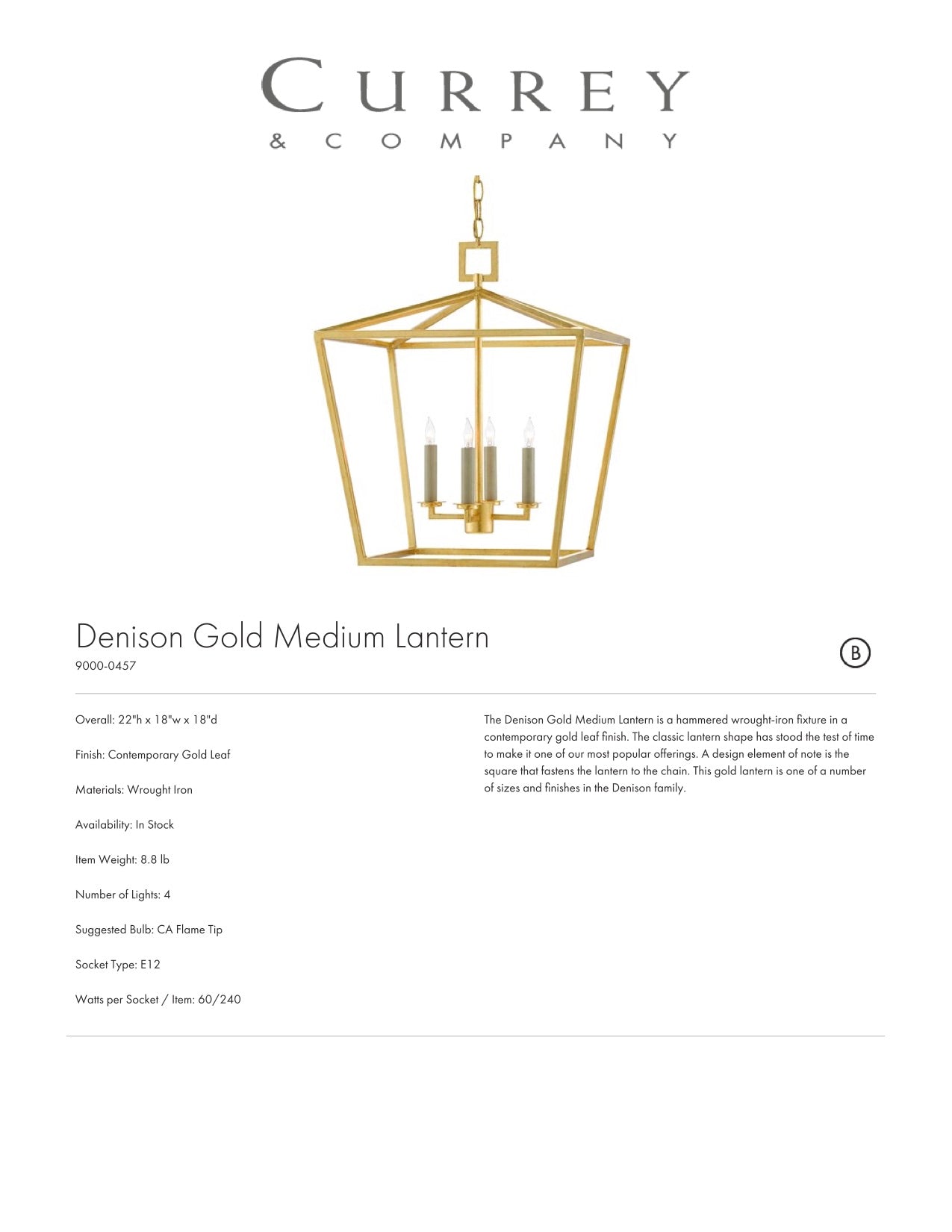 Currey & Company Denison Gold Medium Lantern Tearsheet