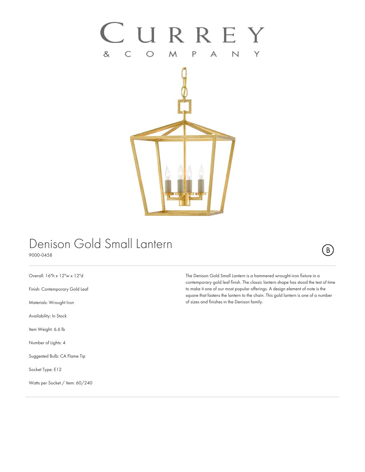 Currey & Company Denison Gold Small Lantern Tearsheet