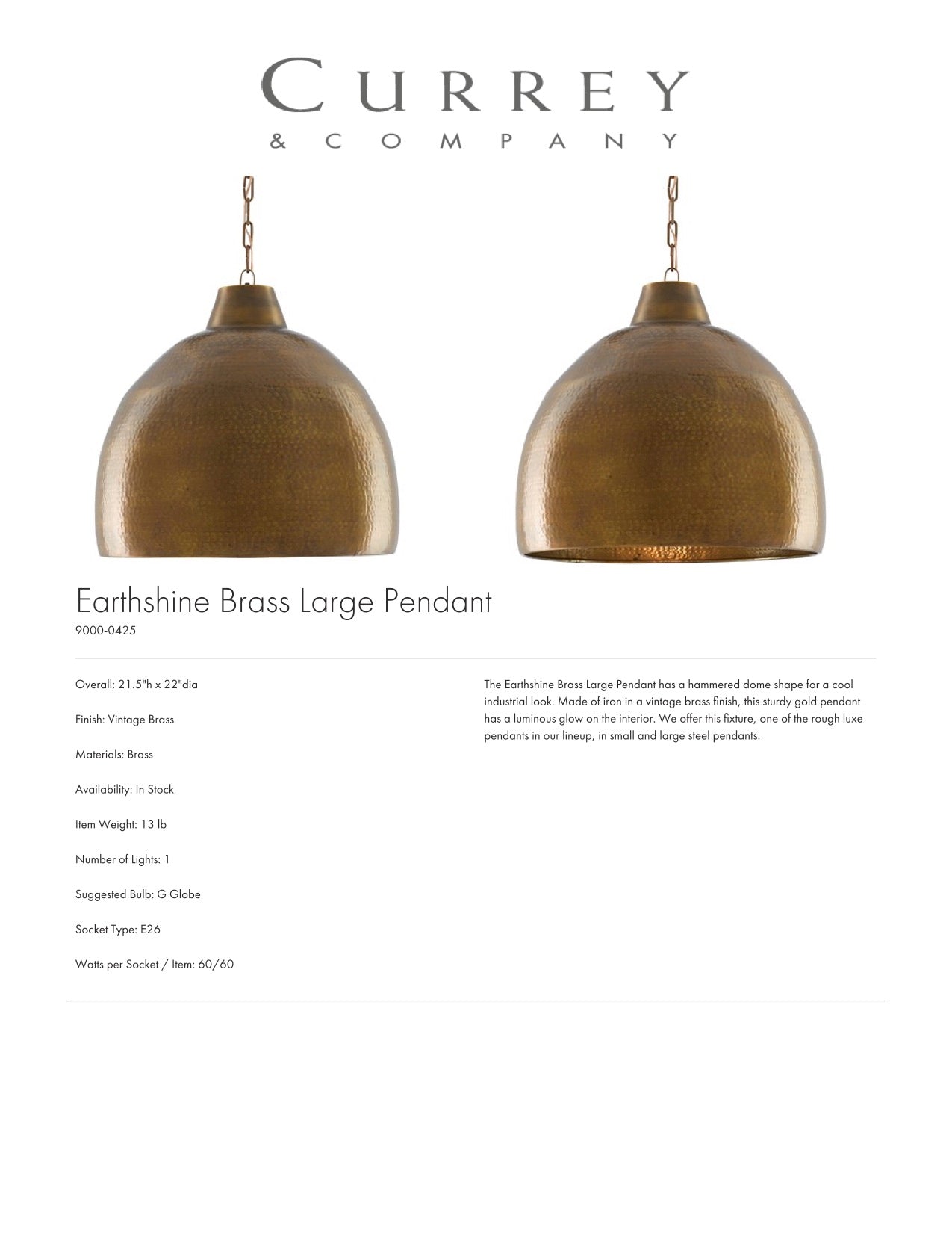 Currey & Company Earthshine Brass Large Pendant Tearsheet