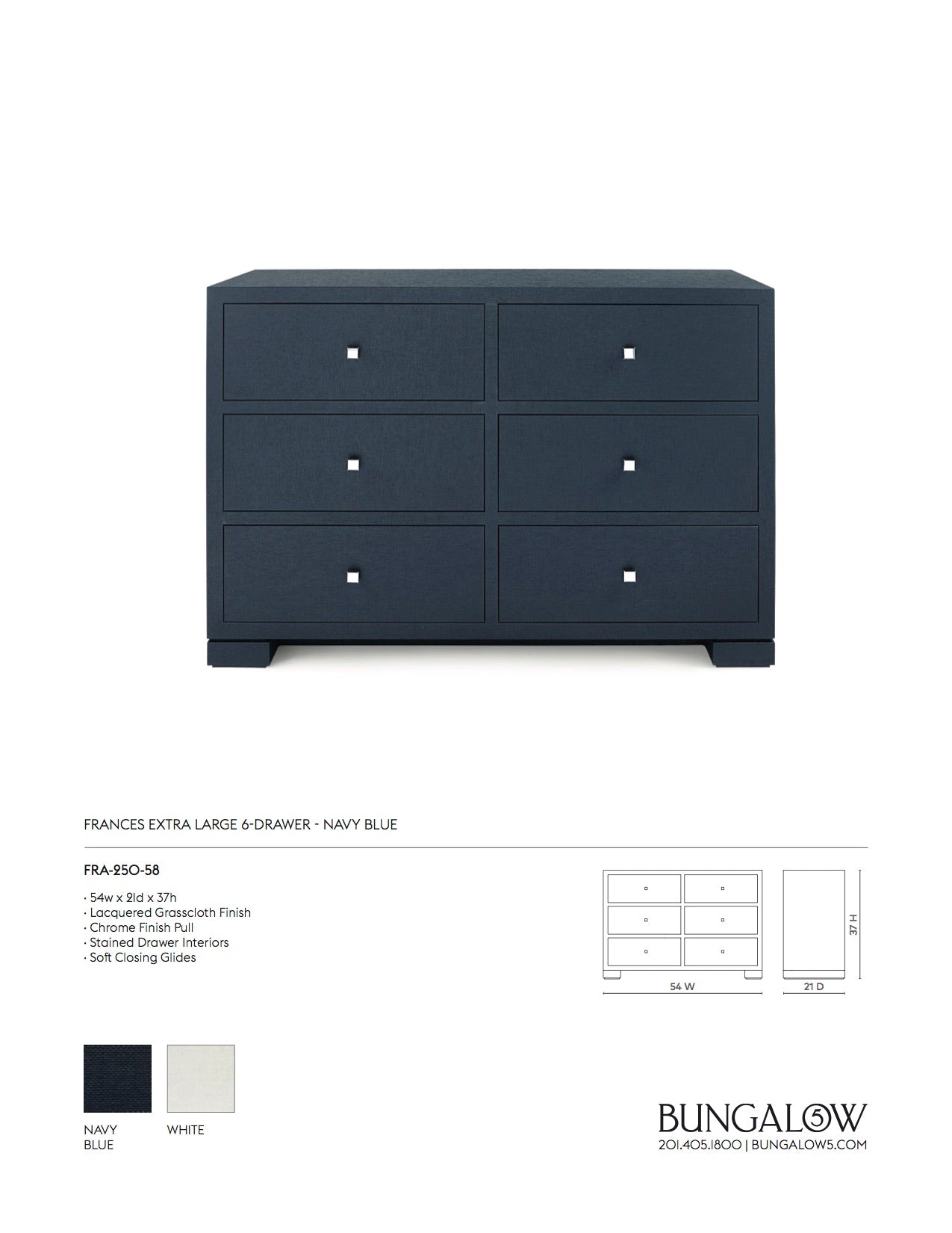 Bungalow 5 Frances Extra Large 6 Drawer Chest Navy Blue Tearsheet