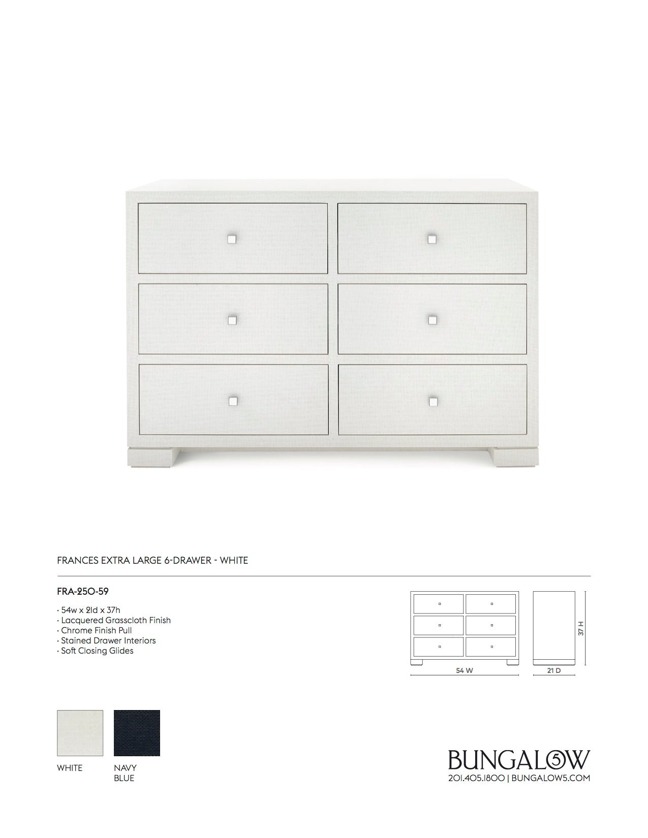 Bungalow 5 Frances Extra Large 6 Drawer Chest White Tearsheet