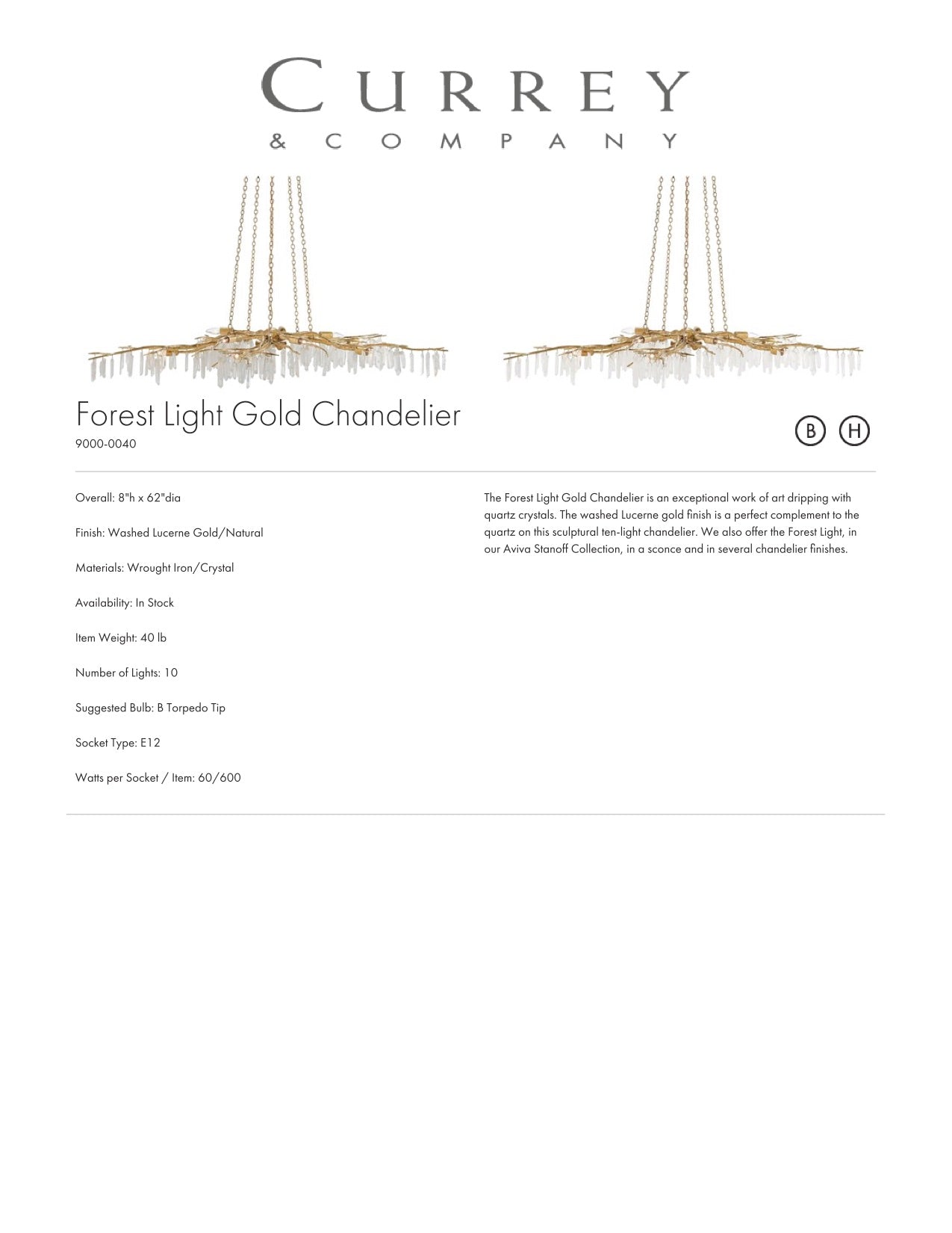 Currey & Company Forest Light Gold Chandelier Tearsheet