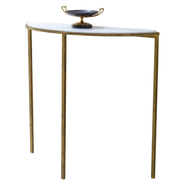 global views hammered gold console table demilune marble brass narrow