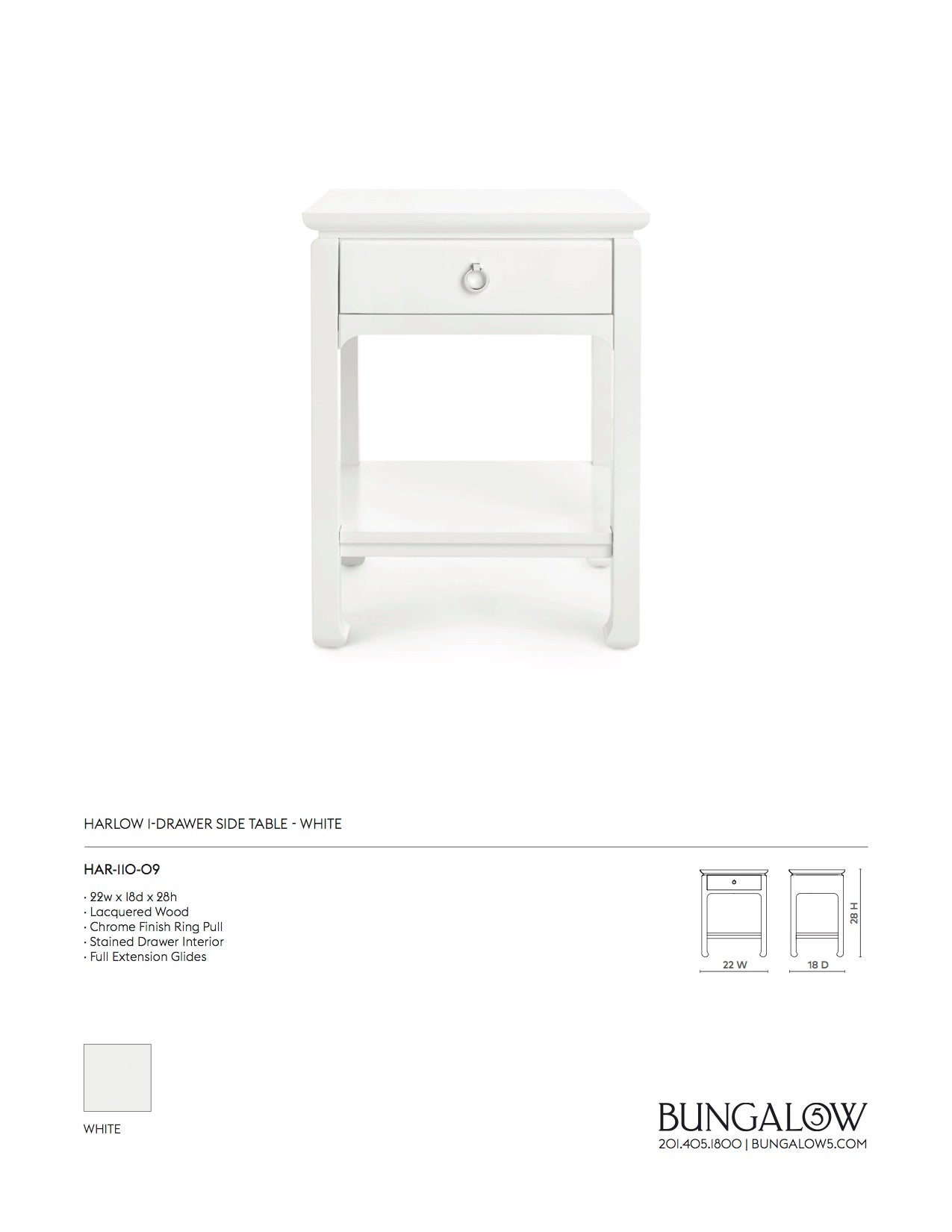 Bungalow 5 Harlow 1 Drawer Side Table White Tearsheet