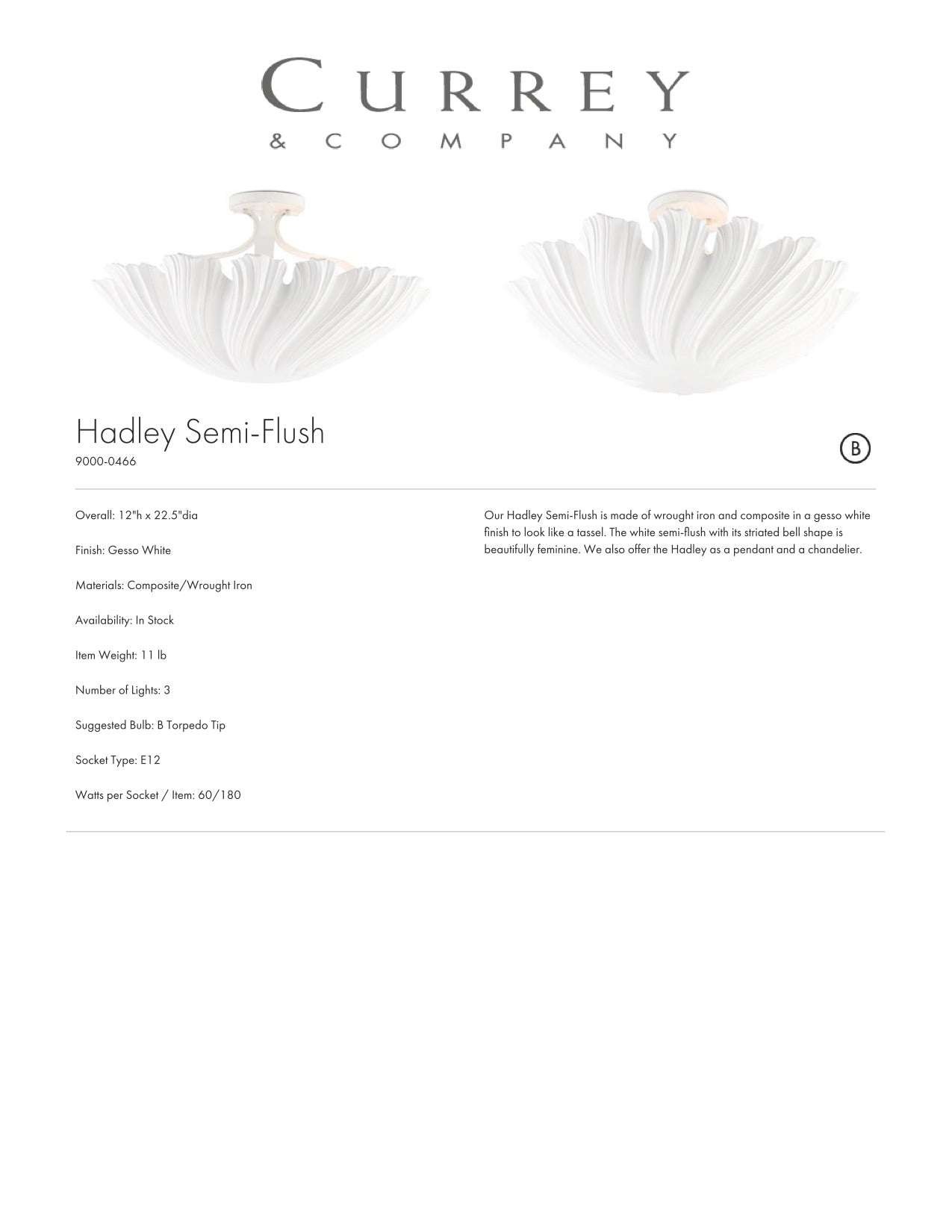 Currey & Company Hadley Semi Flush Tearsheet