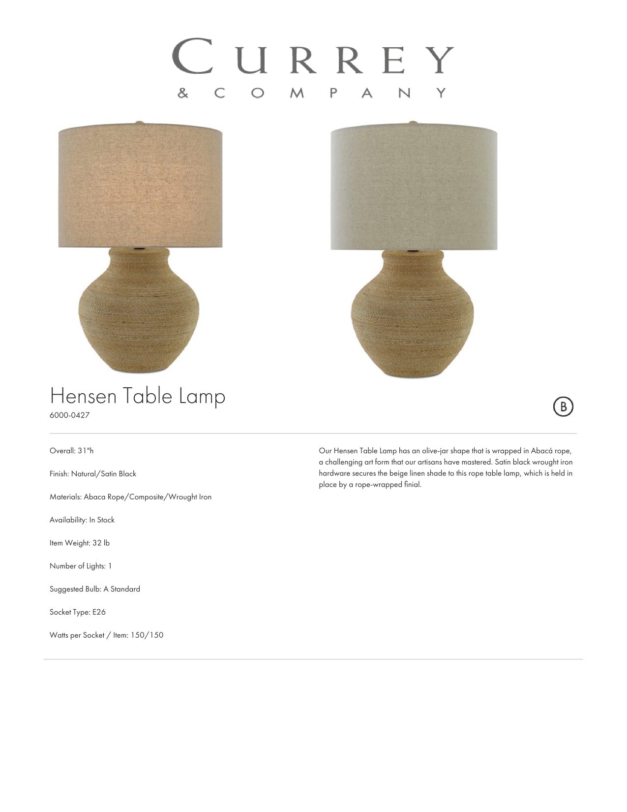 Currey & Company Hensen Table Lamp Tearsheet