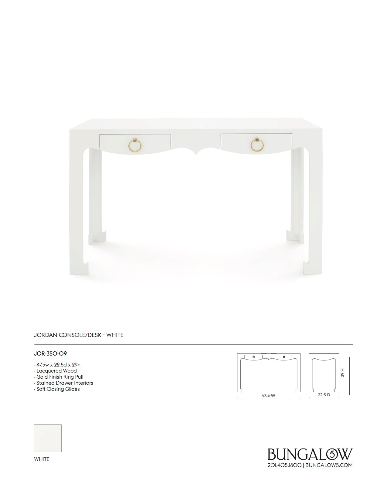 Bungalow 5 Jolene Console Desk White Tearsheet