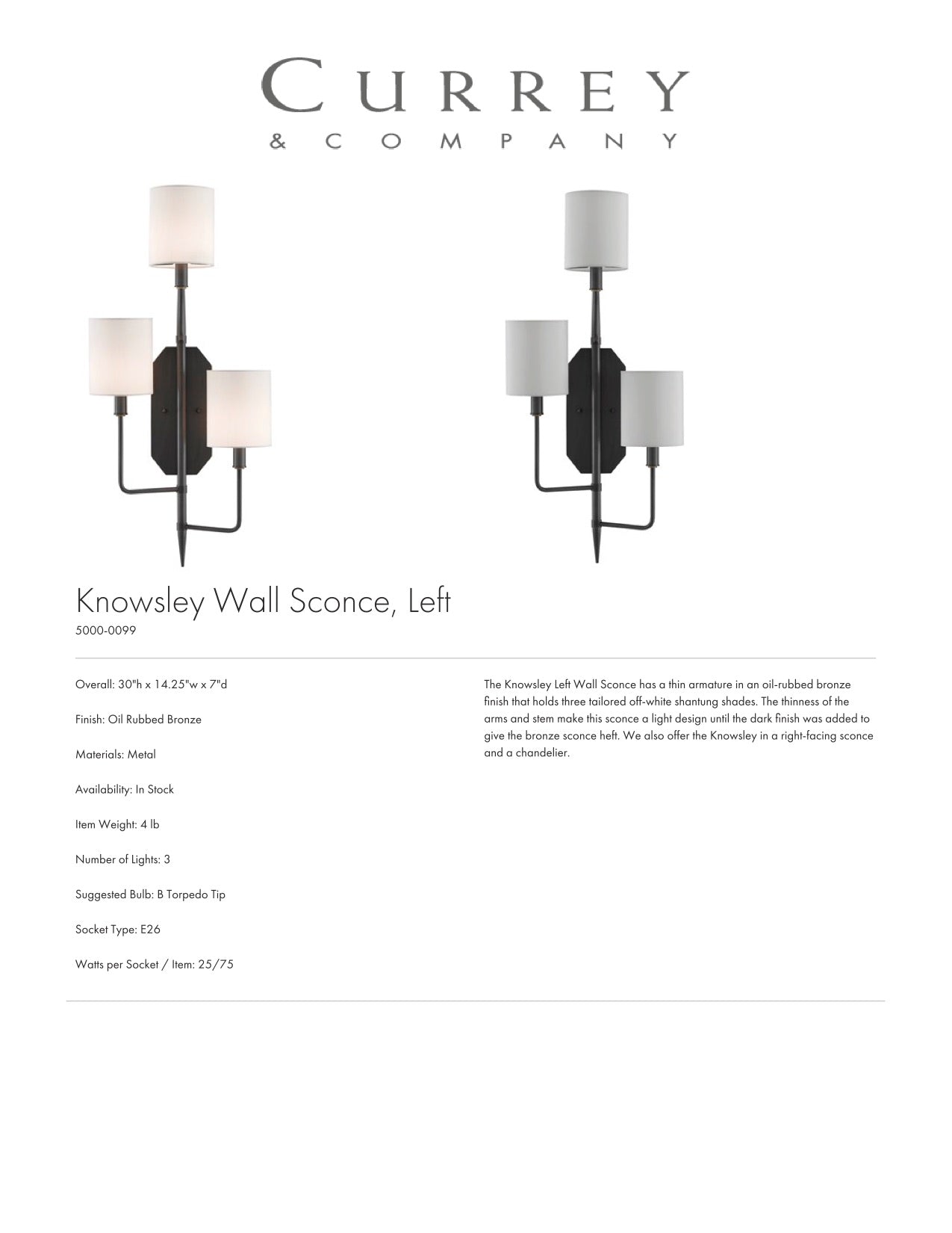 Currey & Company Knowsley Wall Sconce, Left Tearsheet